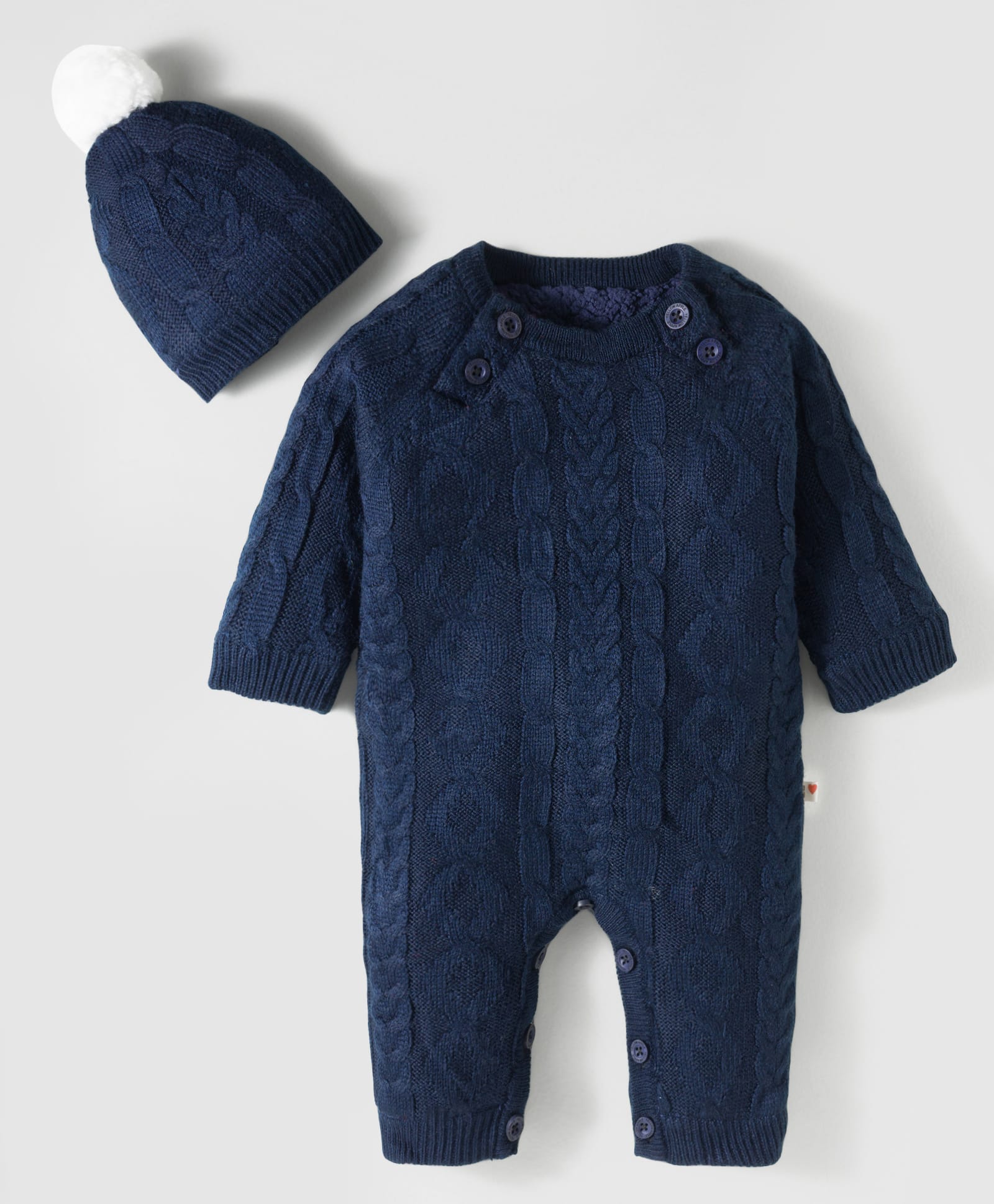 Yellow Apple Knit Full Raglan Sleeves Winter Wear Romper with Cap & Cable Knit Design - Navy Blue-image-23