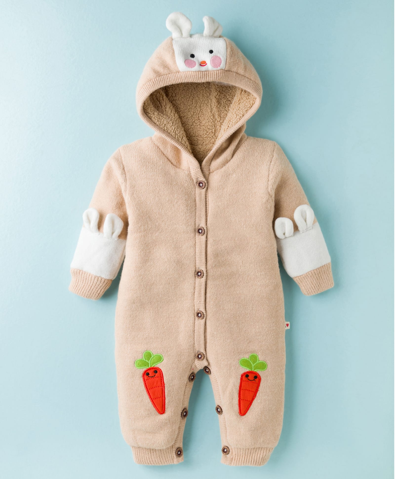Yellow Apple Knit Full Sleeves Winter Wear Hooded Romper With Bunny Applique - Beige-picture-28