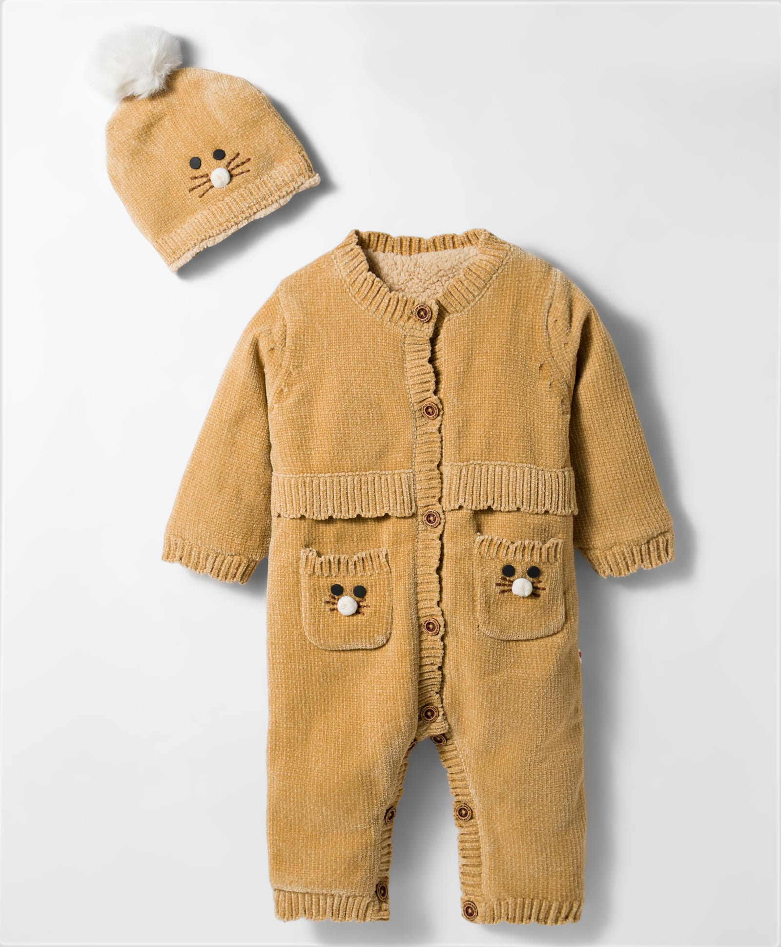 Yellow Apple Knit Full Sleeves Winter Wear Romper with Cap & Embroidery - Cream-image-6