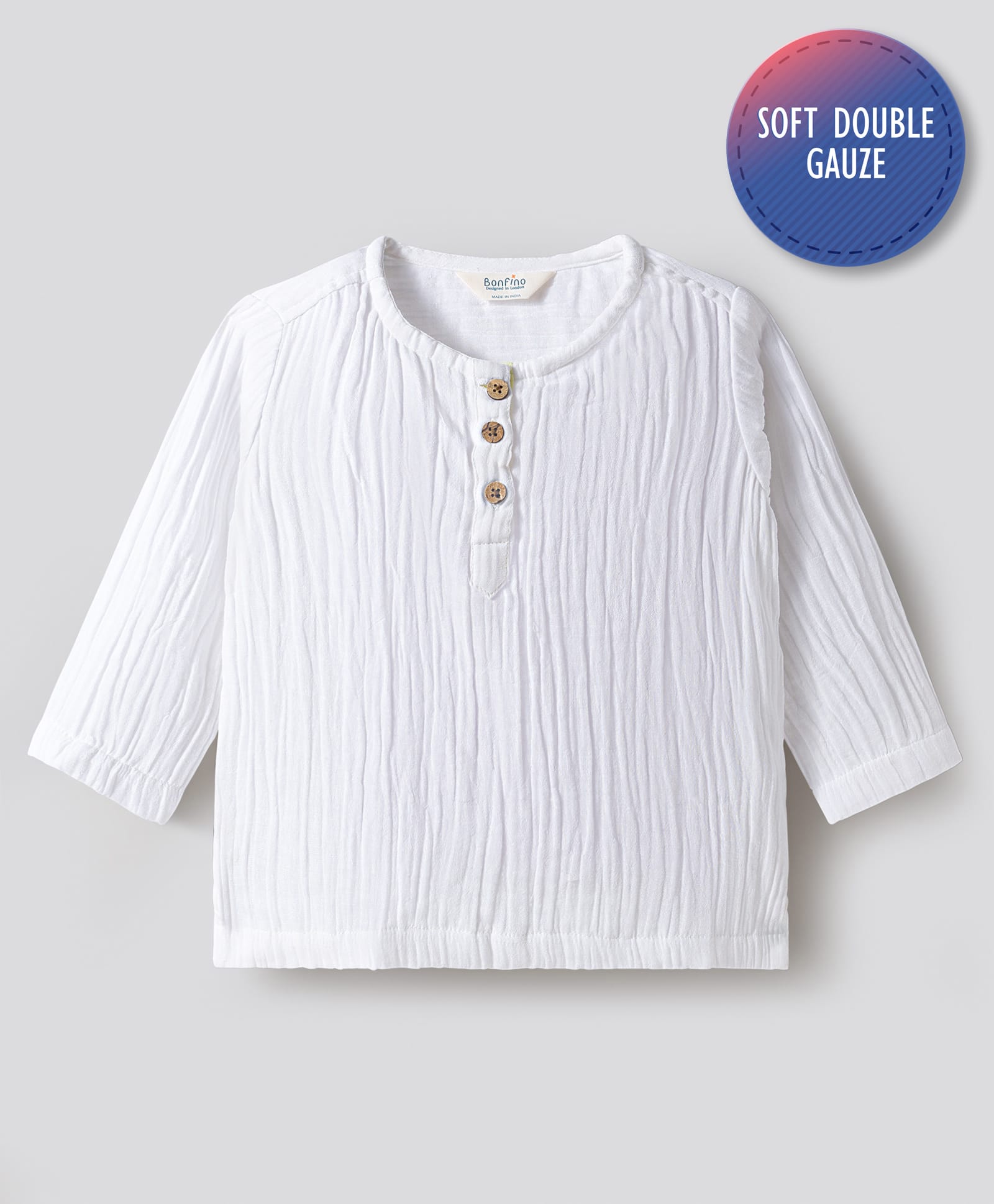 Bonfino 100% Cotton Woven Full Sleeves Textured Solid Kurta Placket Shirt - White-image-36