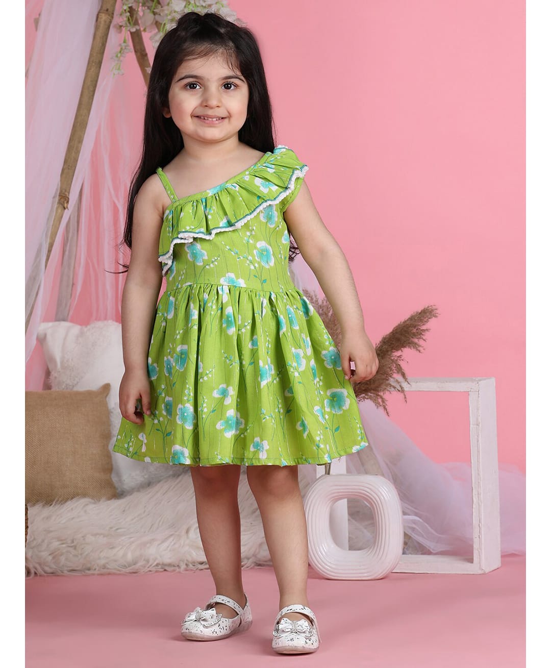 Cutiekins Cotton Woven One Shoulder Sleeveless Floral Printed Dress - Green & White-picture-24