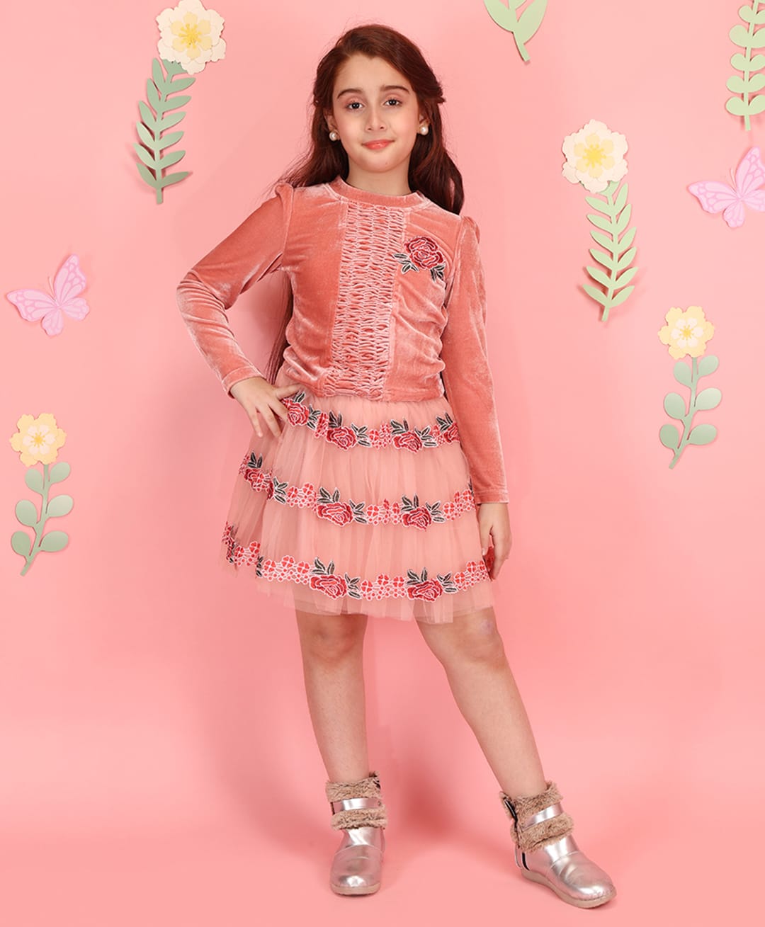 Cutecumber Velvet Knit Full Sleeves Floral Embroidered Top & Skirt Set - Peach-image-26