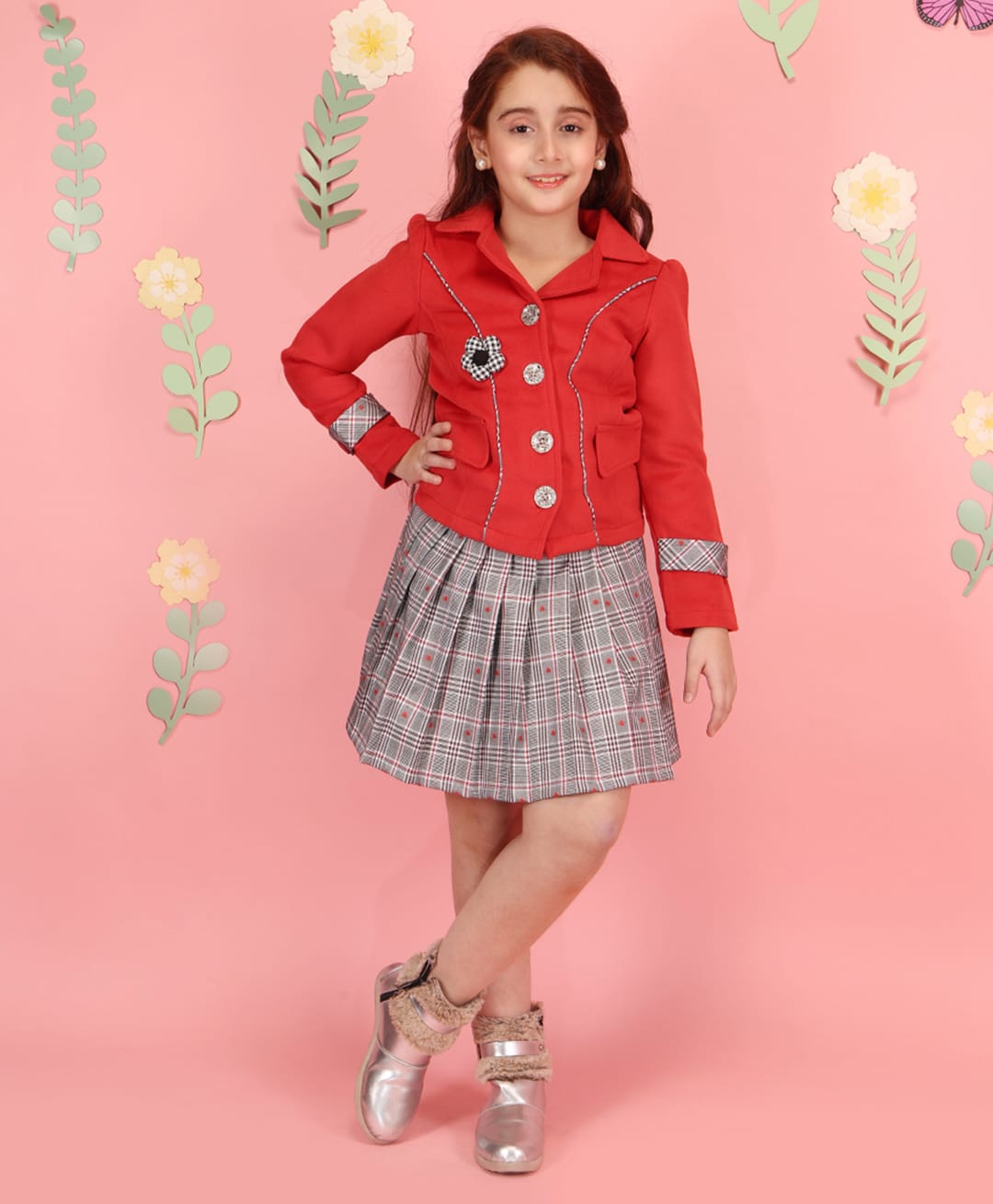 Cutecumber Suede Knit Full Sleeves Floral Applique Detailed Winter Jacket & Skirt Set - Red-image-19