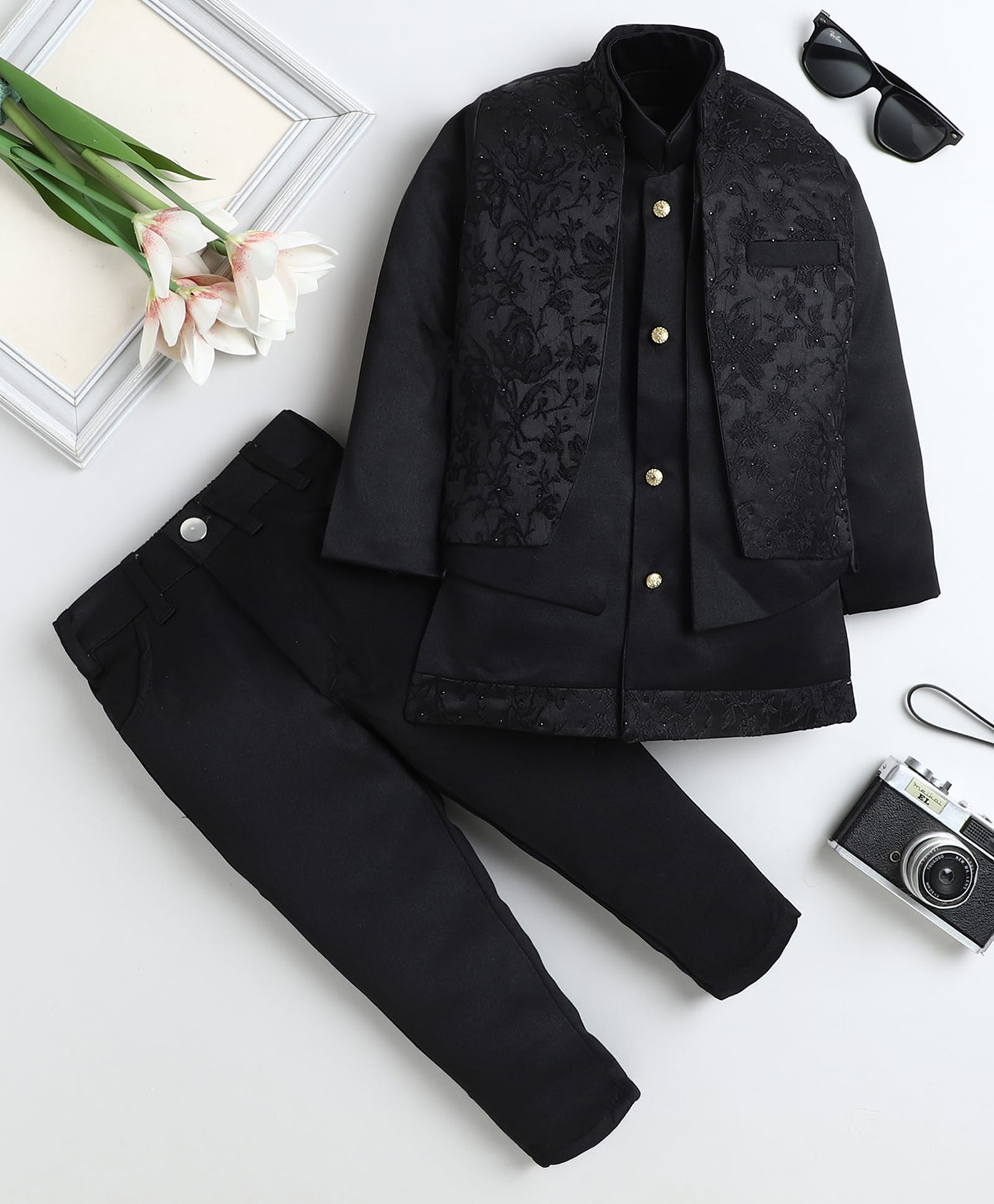Fourfolds Woven Full Sleeves Beads Embellished Floral Embroidered Sherwani & Pants With Jacket Set - Black-image-26