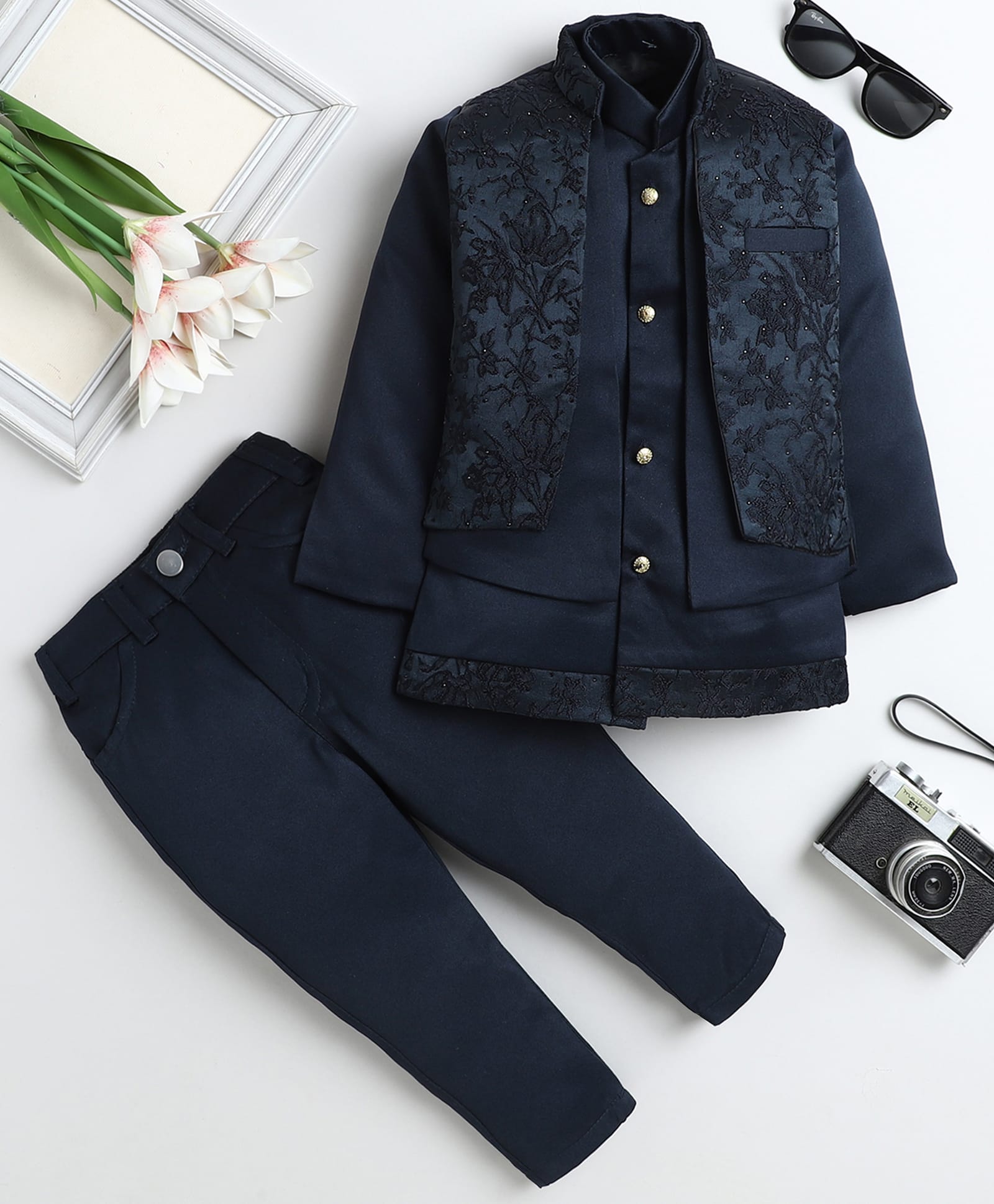 Fourfolds Woven Full Sleeves Beads Embellished Floral Embroidered Sherwani & Pants With Jacket Set - Navy Blue-image-38