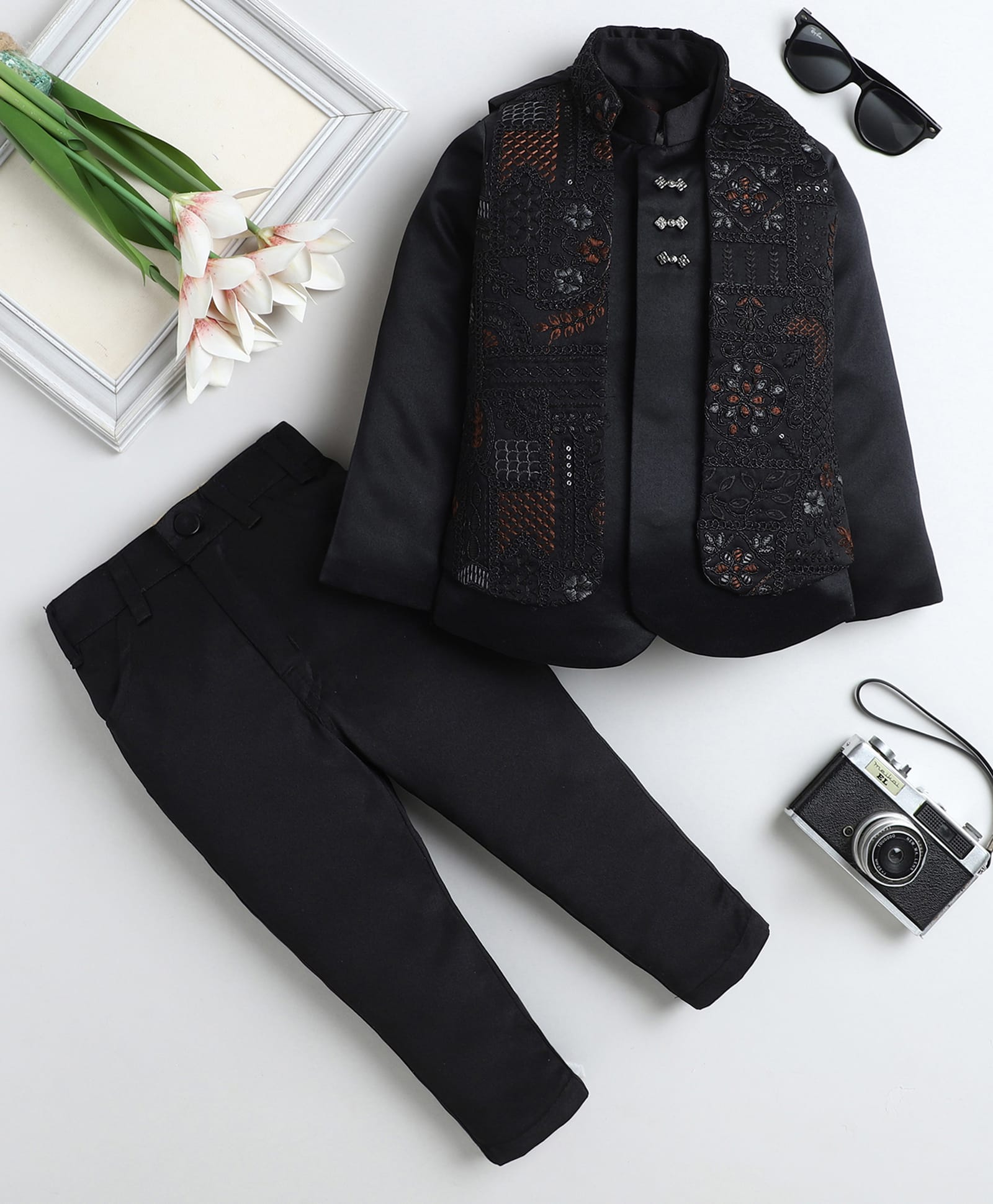 Fourfolds Woven Full Sleeves Floral Embroidered Sherwani & Pants With Jacket Set - Black-image-43