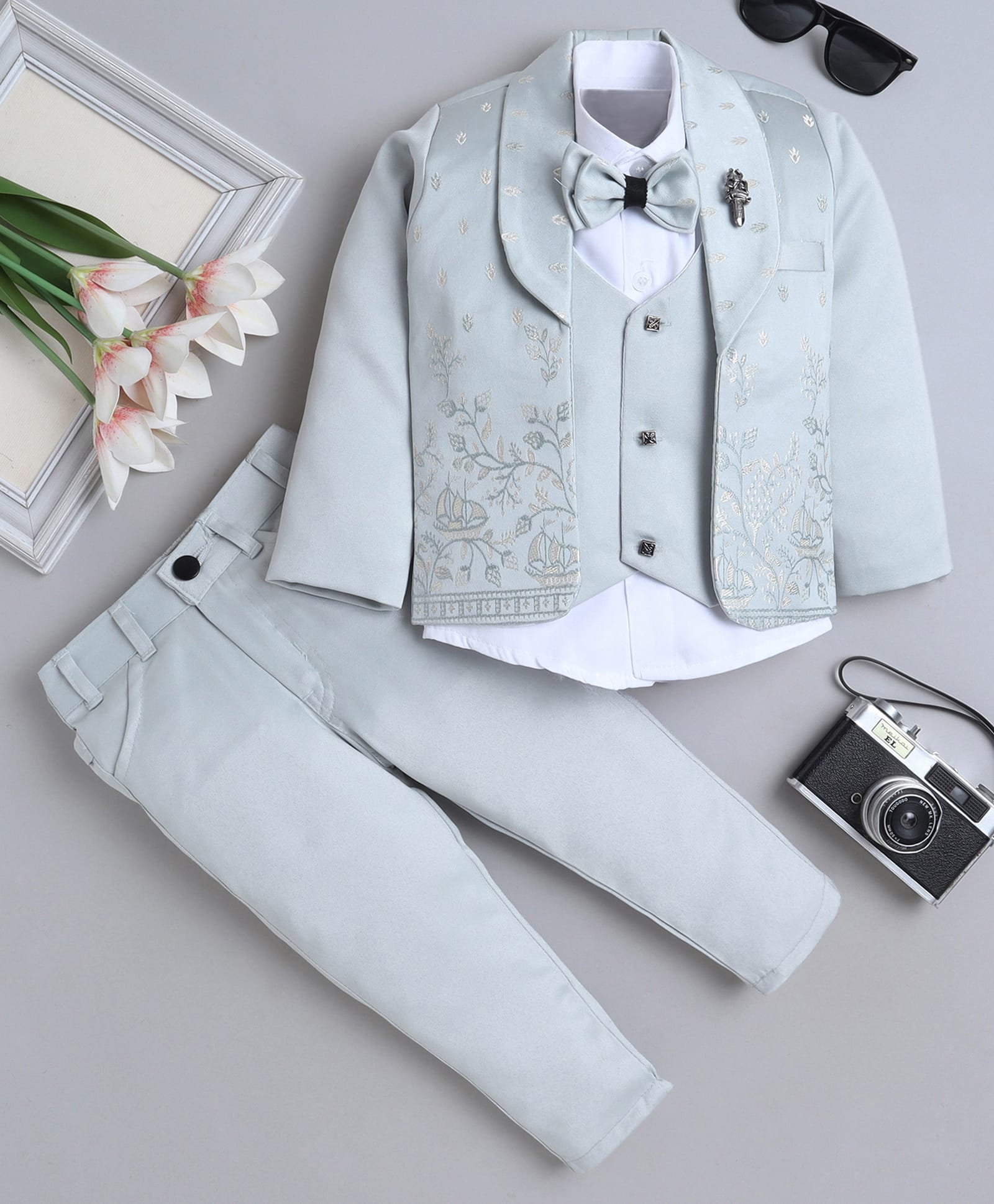 Fourfolds Woven Full Sleeves Floral Embroidered 4 Piece Party Suit Set With Bow - Grey-image-36