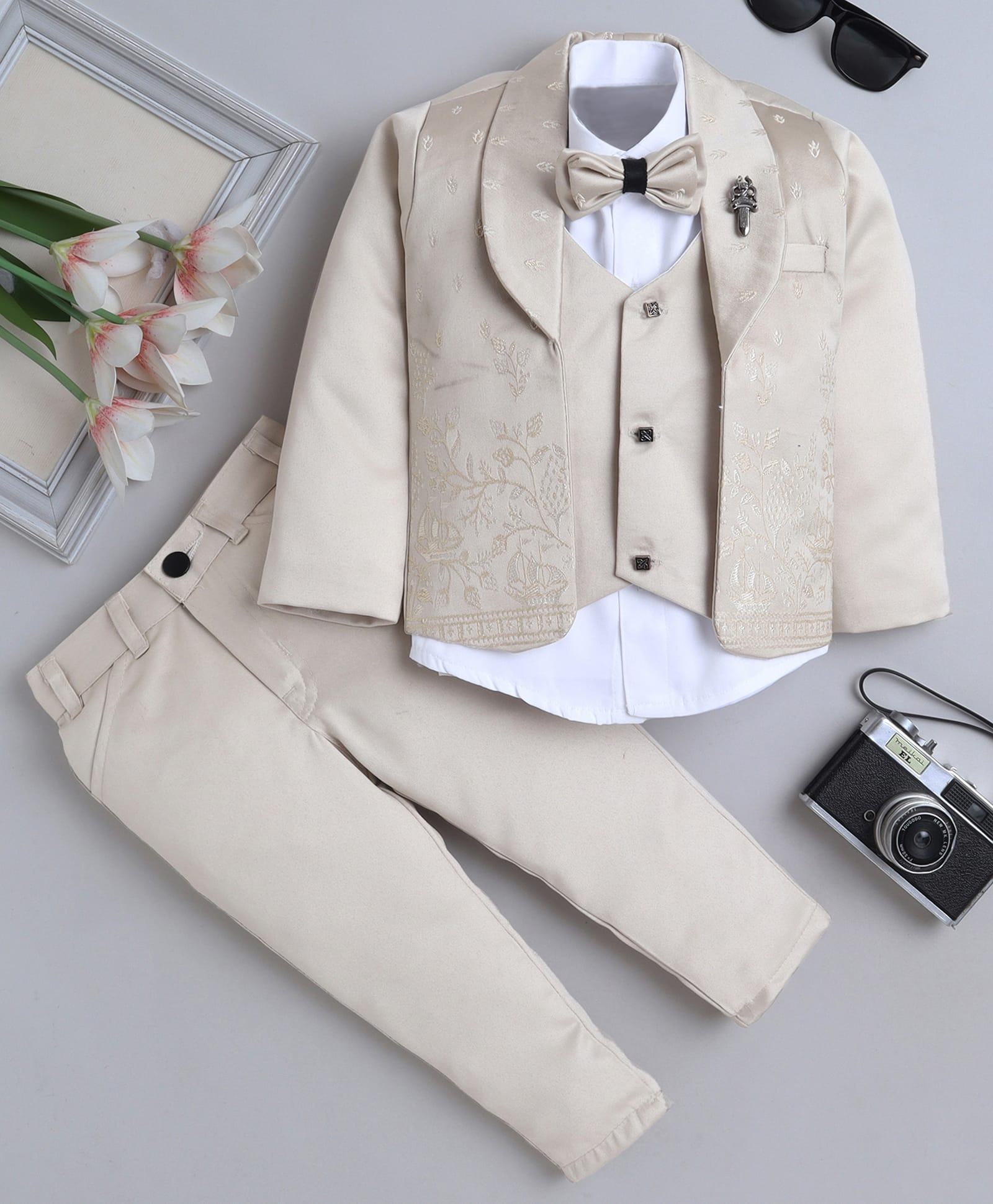 Fourfolds Woven Full Sleeves Floral Embroidered 4 Piece Party Suit Set With Bow - Beige-image-4