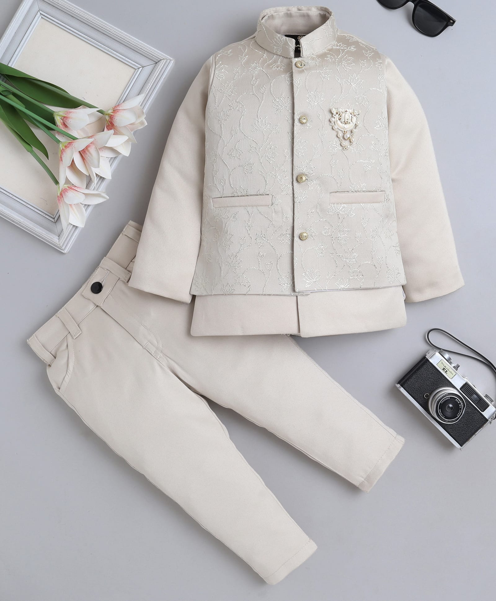 Fourfolds Woven Full Sleeves Solid Sherwani & Trouser Set With Floral Embroidered & Pearl Embellished Ethnic Brooch Detailed Jacket - Beige-image-4