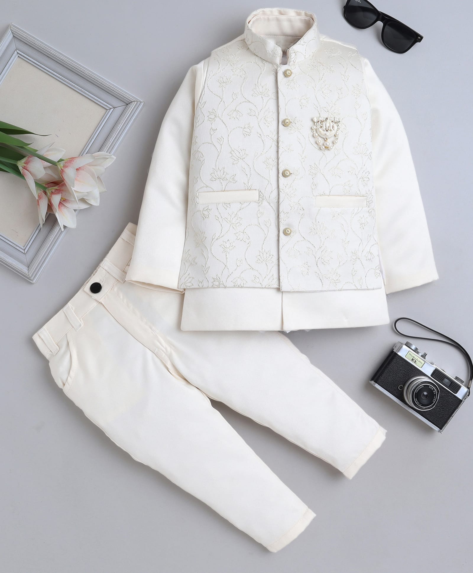 Fourfolds Woven Full Sleeves Solid Sherwani & Trouser Set With Floral Embroidered & Pearl Embellished Ethnic Brooch Detailed Jacket - Cream-image-33