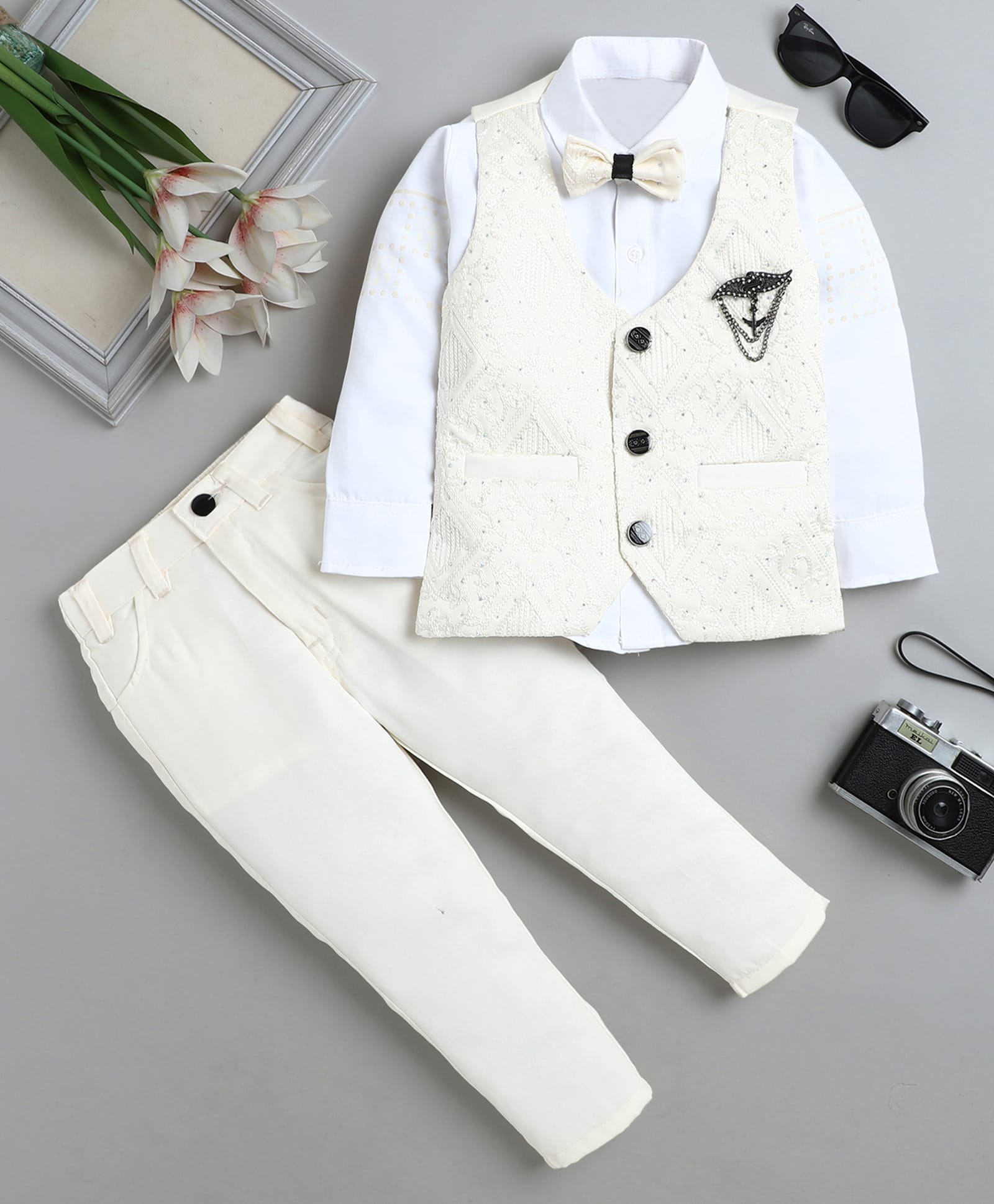 Fourfolds Woven Full Sleeves Ethnic Embroidered & Brooch Detailed 3 Piece Party Suit Set With Bow - Cream-image-22