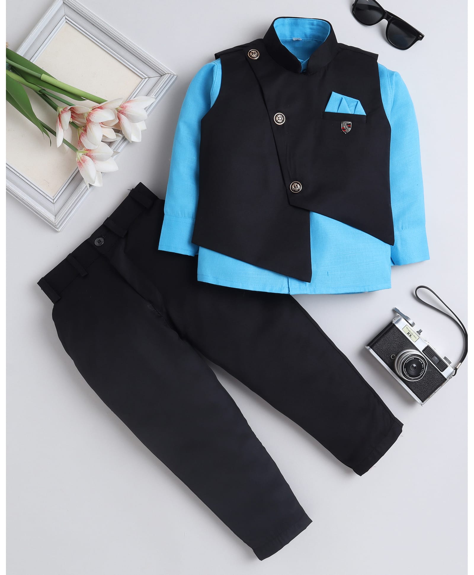 Fourfolds Cotton Blend Woven Full Sleeves Solid 3 Piece Party Suit Set - Blue-picture-13