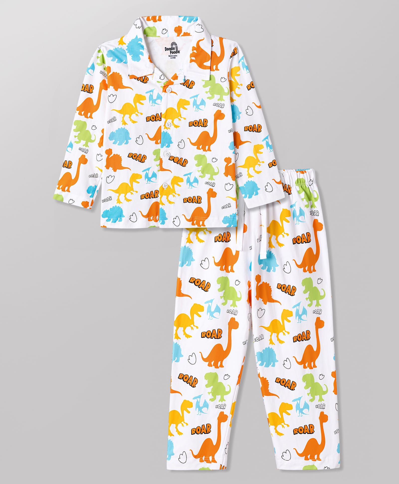Doodle Poodle 100% Cotton Knit Full Sleeves Dino Printed Co-Ords Shirt & Pyjama Night Suit - White-image-26