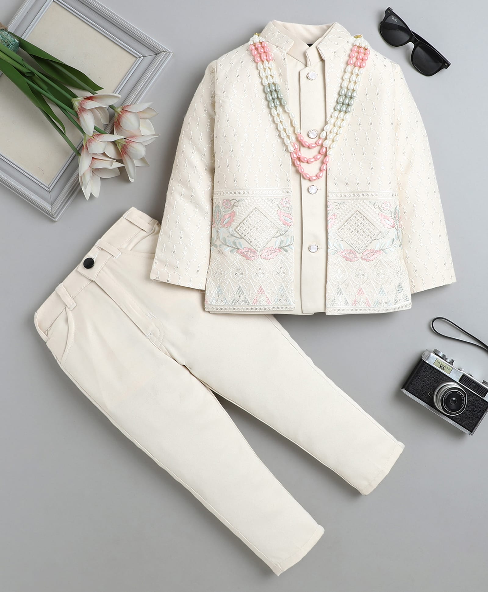 Fourfolds Woven Full Sleeves Sequins Floral Embroidered Sequins Embellished Sherwani With Trousers Set - Cream-image-1