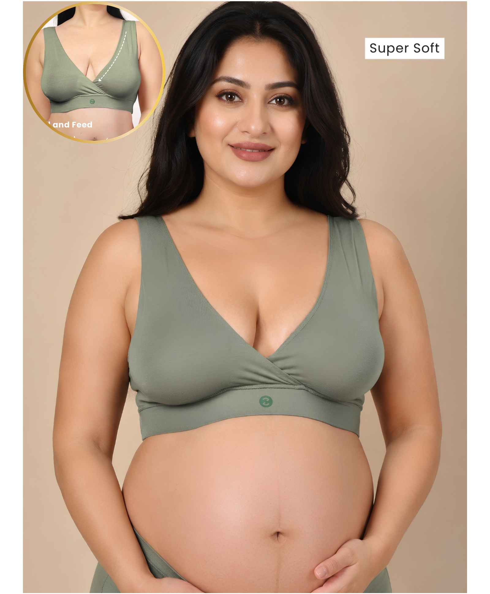 Zelena 92% Modal 8% Elastane Knit Solid Removable Padded Maternity Bra With Front Open Nursing Access - Pista-picture-22