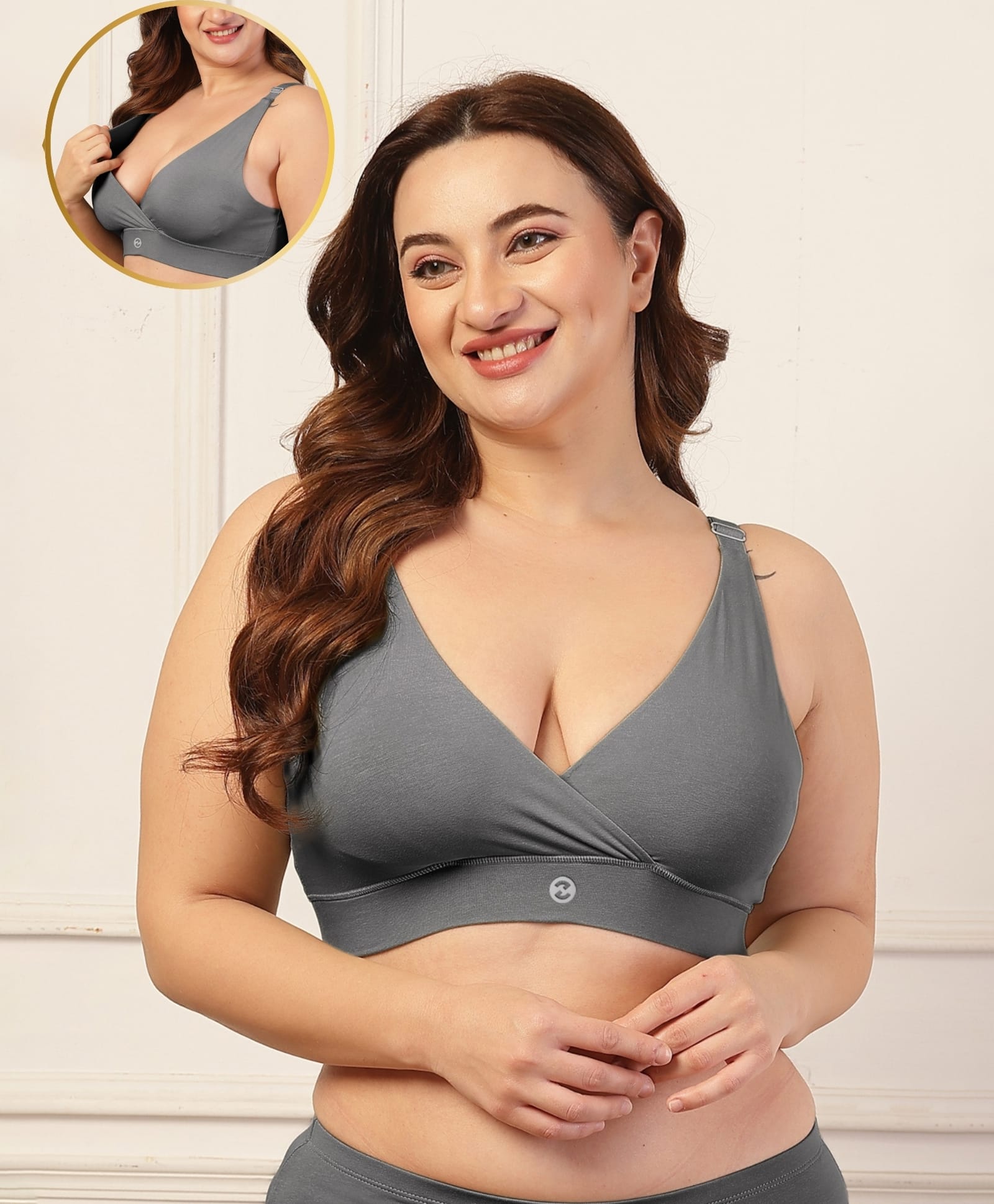 Zelena 90% Cotton 10% Elastane Knit Solid Non-Padded Maternity Bra With Front Open Nursing Access - Dark Grey-picture-16