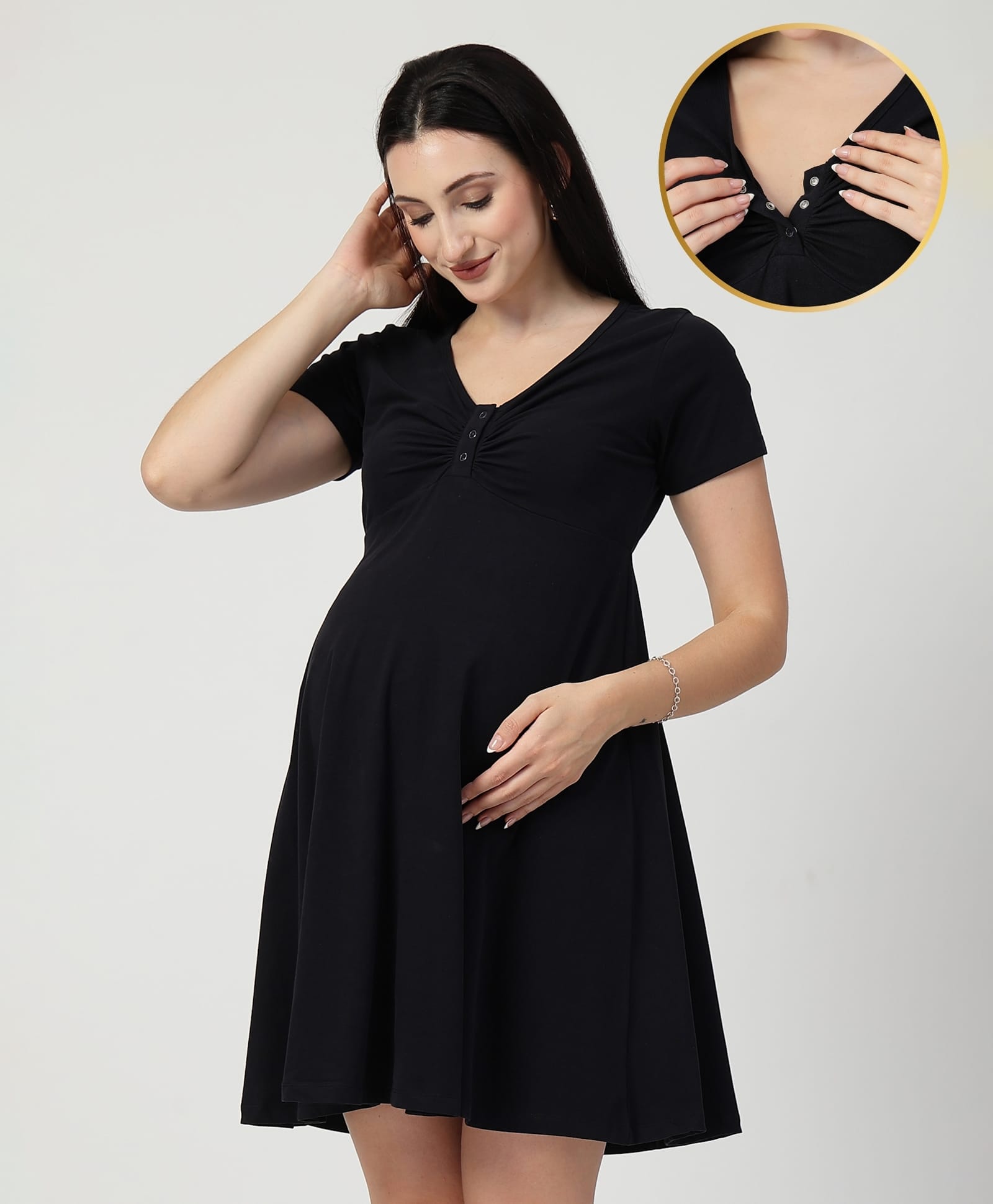 Zelena 95% Cotton 5% Elastane Knit Half Sleeves Solid Maternity Dress With Front Open Nursing Access - Black-picture-20