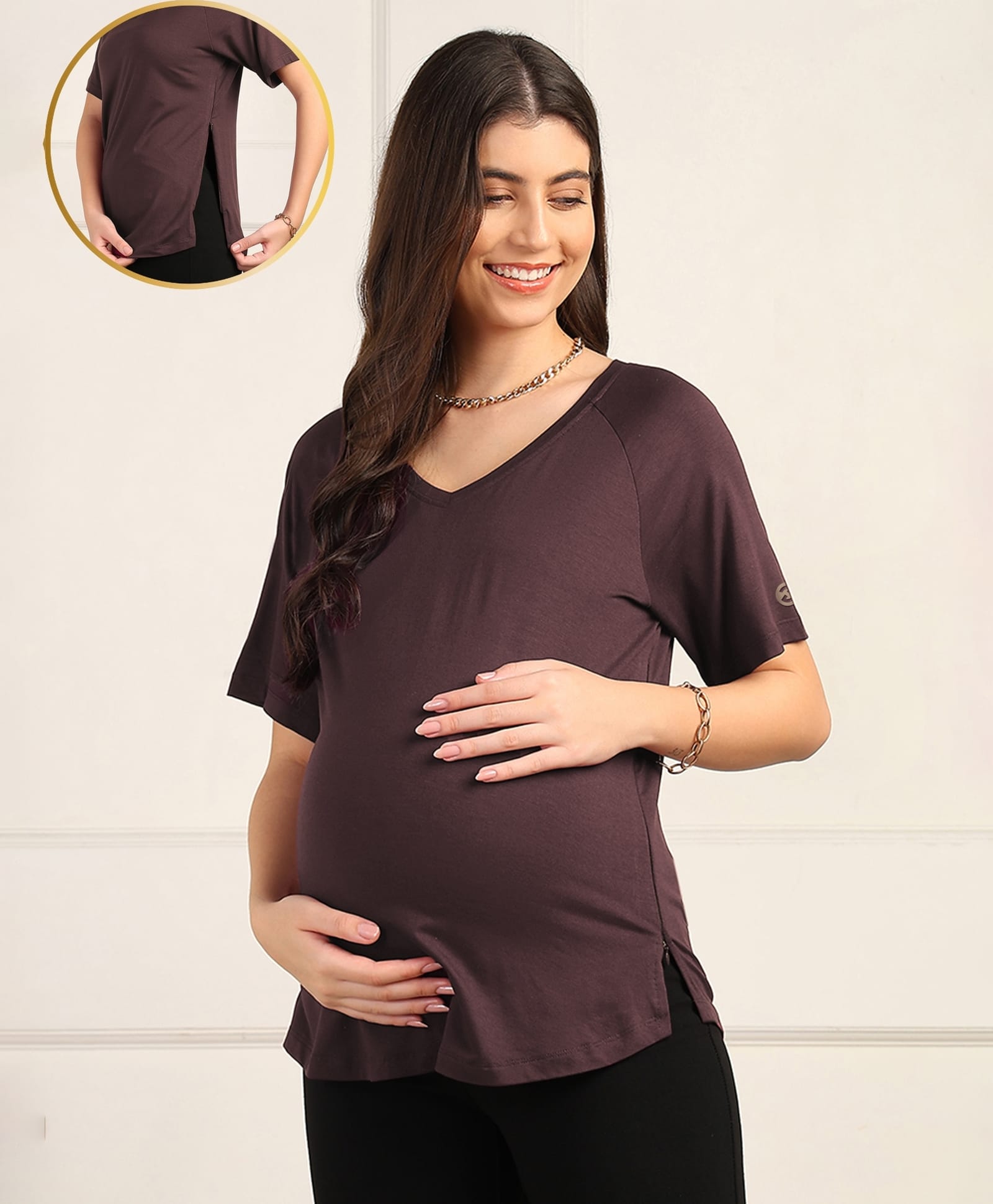 Zelena 95% Viscose 5% Lycra Knit Half Sleeves Solid Maternity Top With Side Zipper Nursing Access - Dark Brown-picture-32