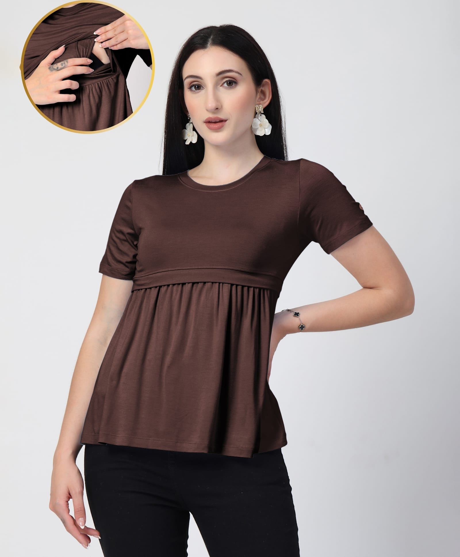 Zelena 95% Viscose 5% Elastane Knit Half Sleeves Solid Maternity Top With Overlap Nursing Access - Dark Brown-picture-33