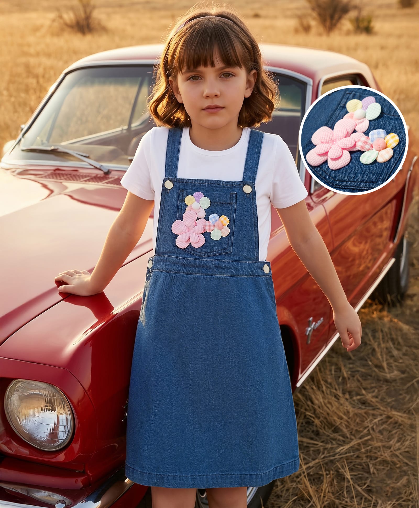 Hola Bonita Denim Woven Half Sleeves Frock With Inner Tee & Floral Applique - Navy Blue-image-26