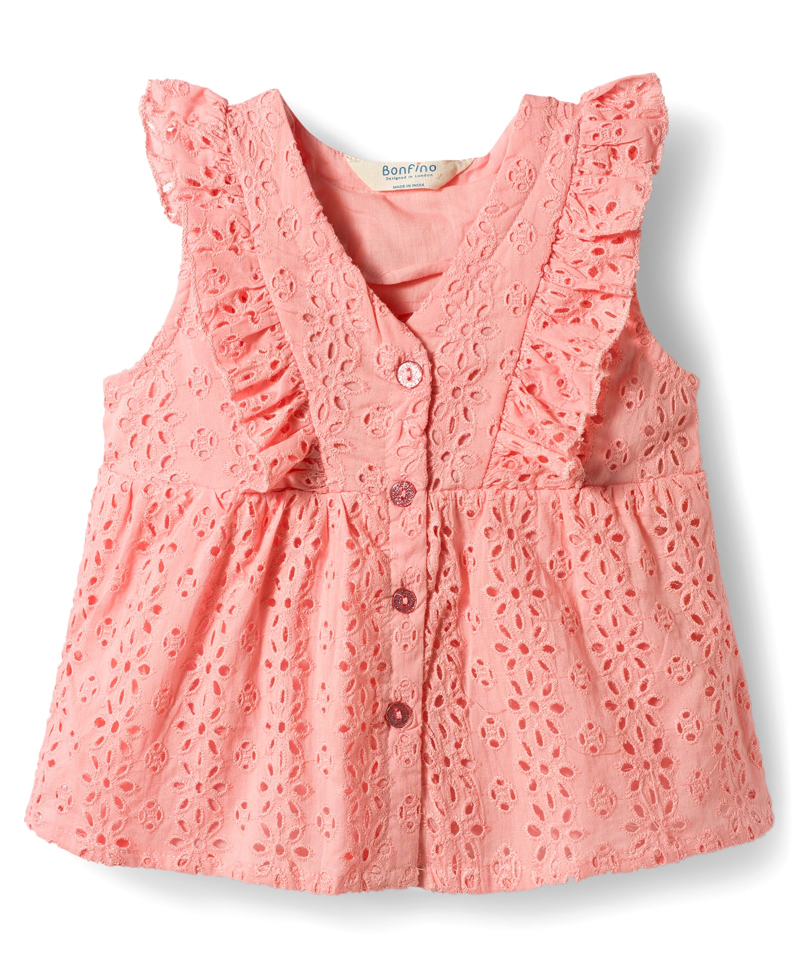 Bonfino 100% Cotton Woven Sleeveless Schiffli Peplum Top with Frill Detail - Peach-image-36