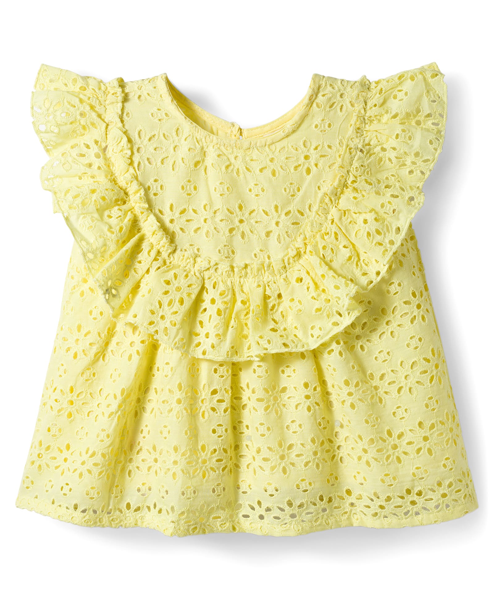 Bonfino 100% Cotton Woven Sleeveless Schiffli Top with Ruffle Trim Detailing - Yellow-image-39