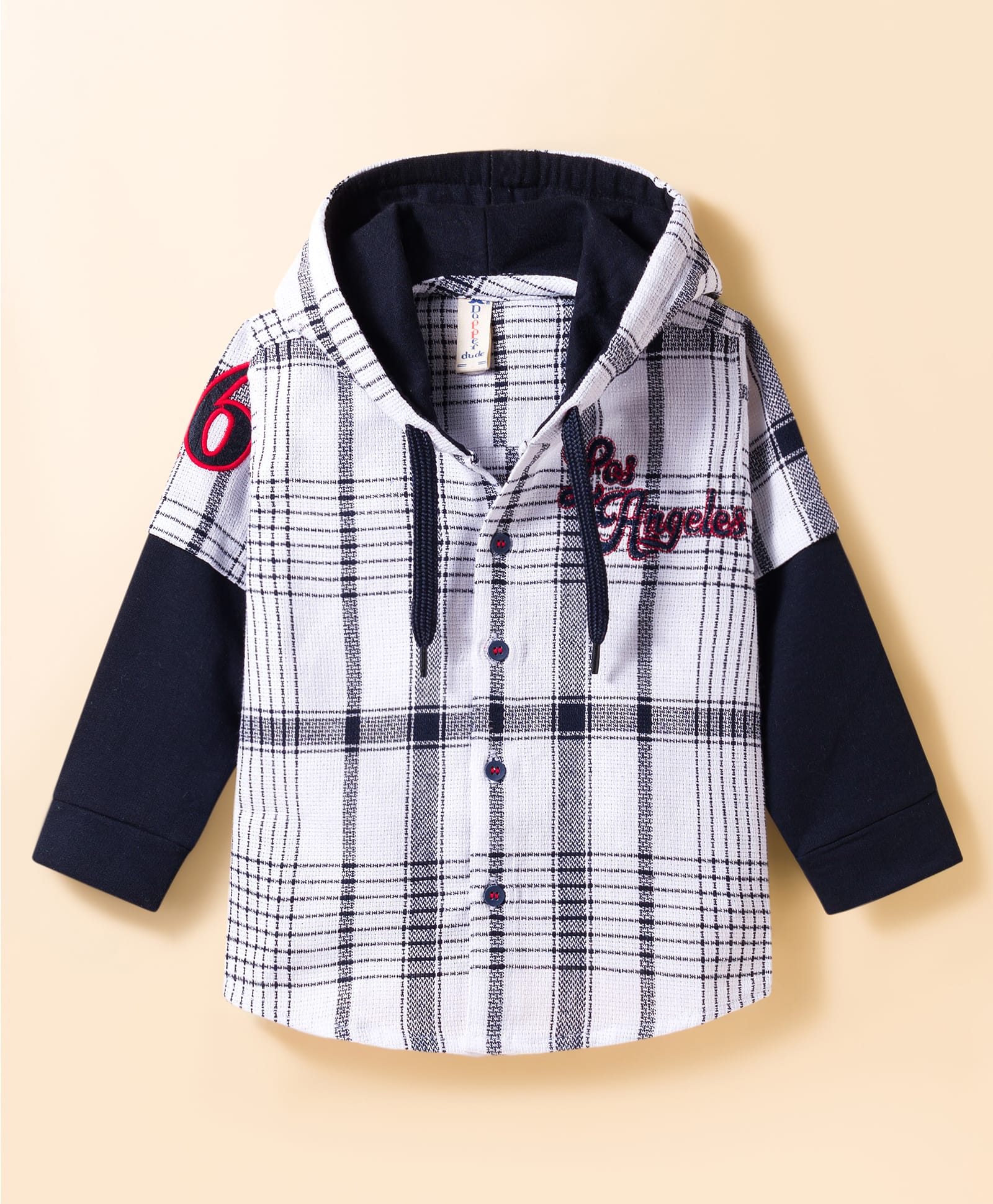 Dapper Dudes Full Doctor Sleeves Typography Embroidered Checked & Hooded Shirt - Grey-image-32