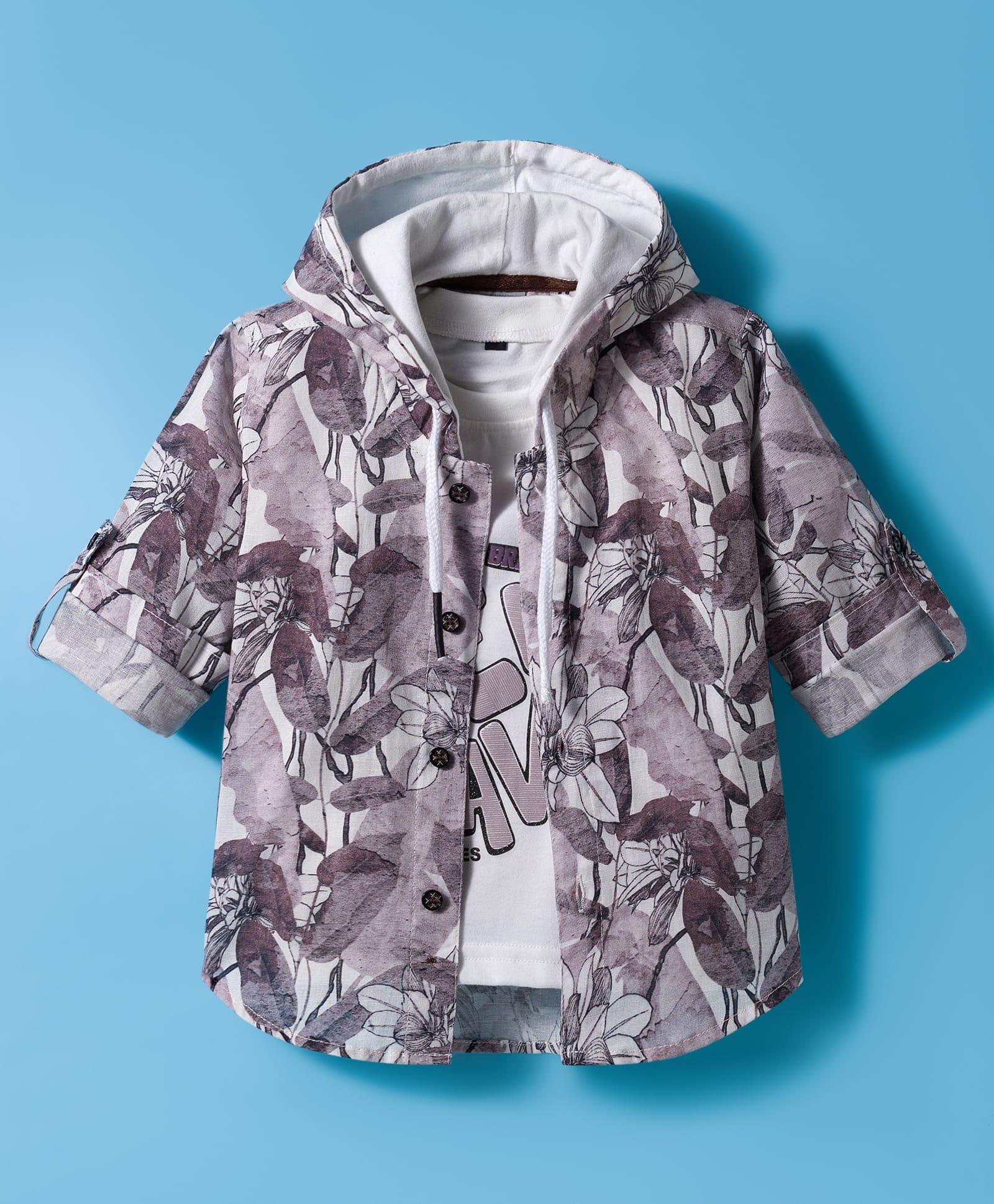 Dapper Dudes Full Sleeves Leaves Printed Hooded Shirt With Placement Typography Tee - Mauve-picture-26