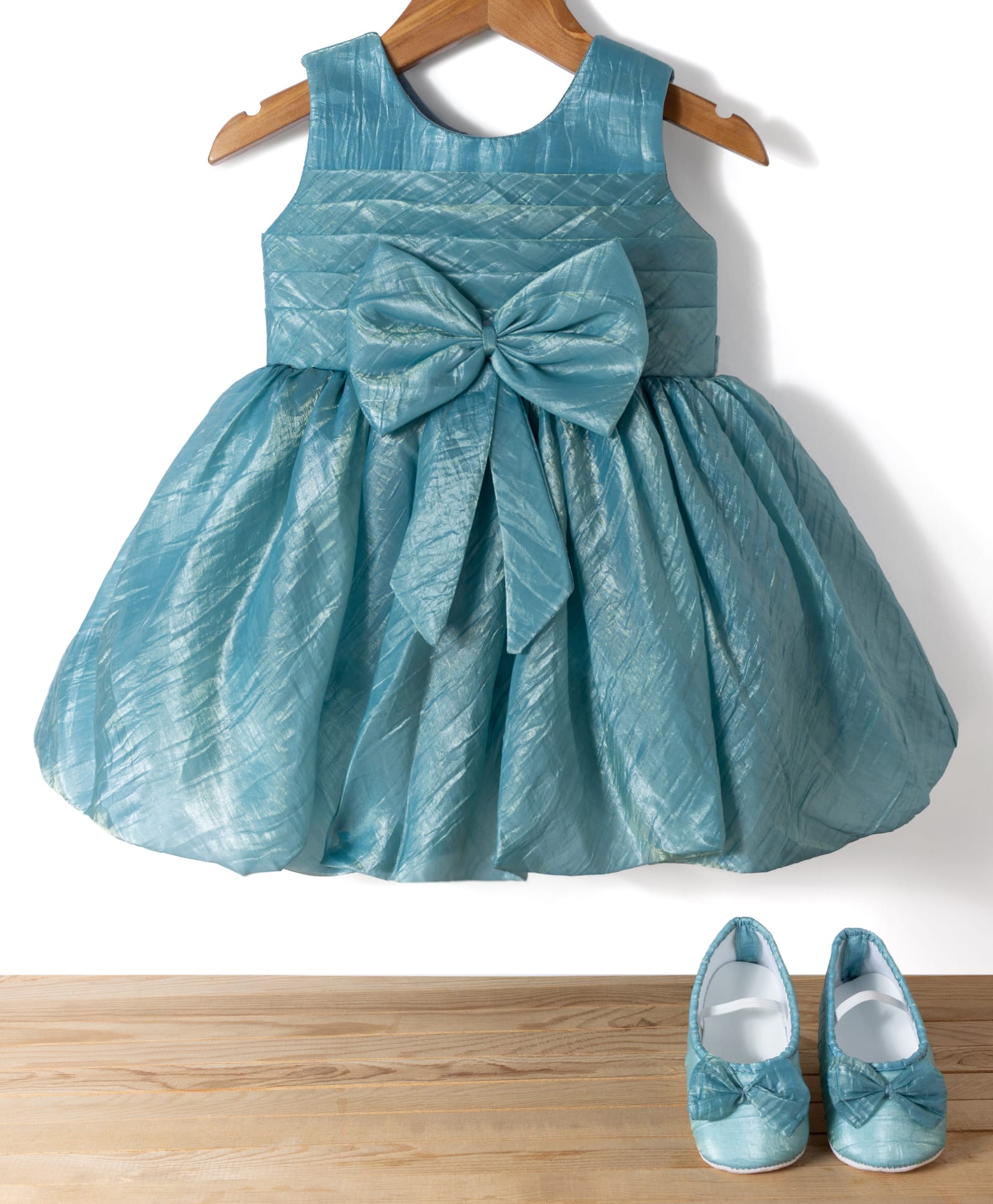 Bluebell T-issue Woven Sleeveless Solid Color Party Dress with Bow Applique & Booties - Green-image-42