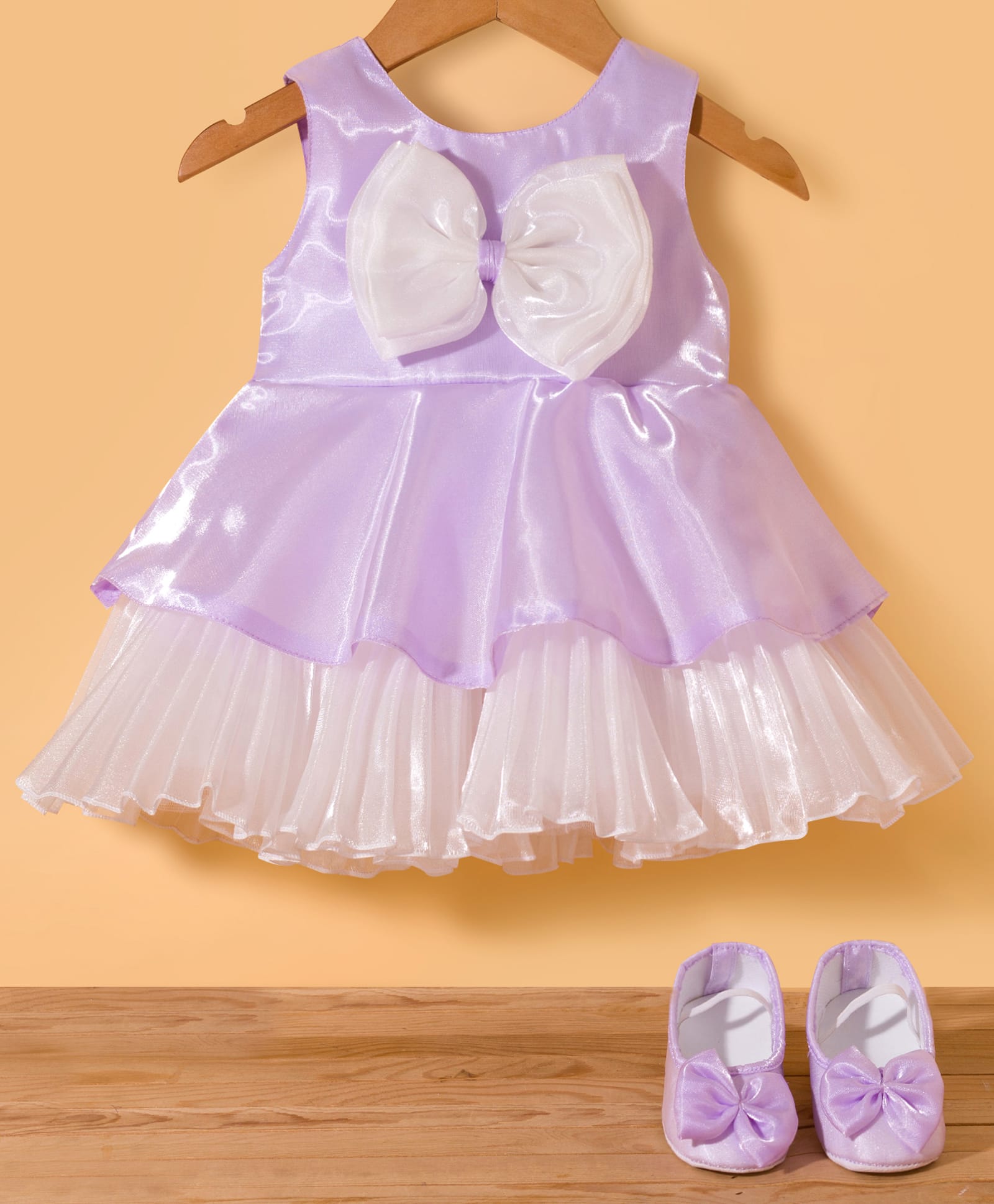 Bluebell Tissue Woven Sleeveless Party Frock With Bow Applique & Booties - Purple-image-27