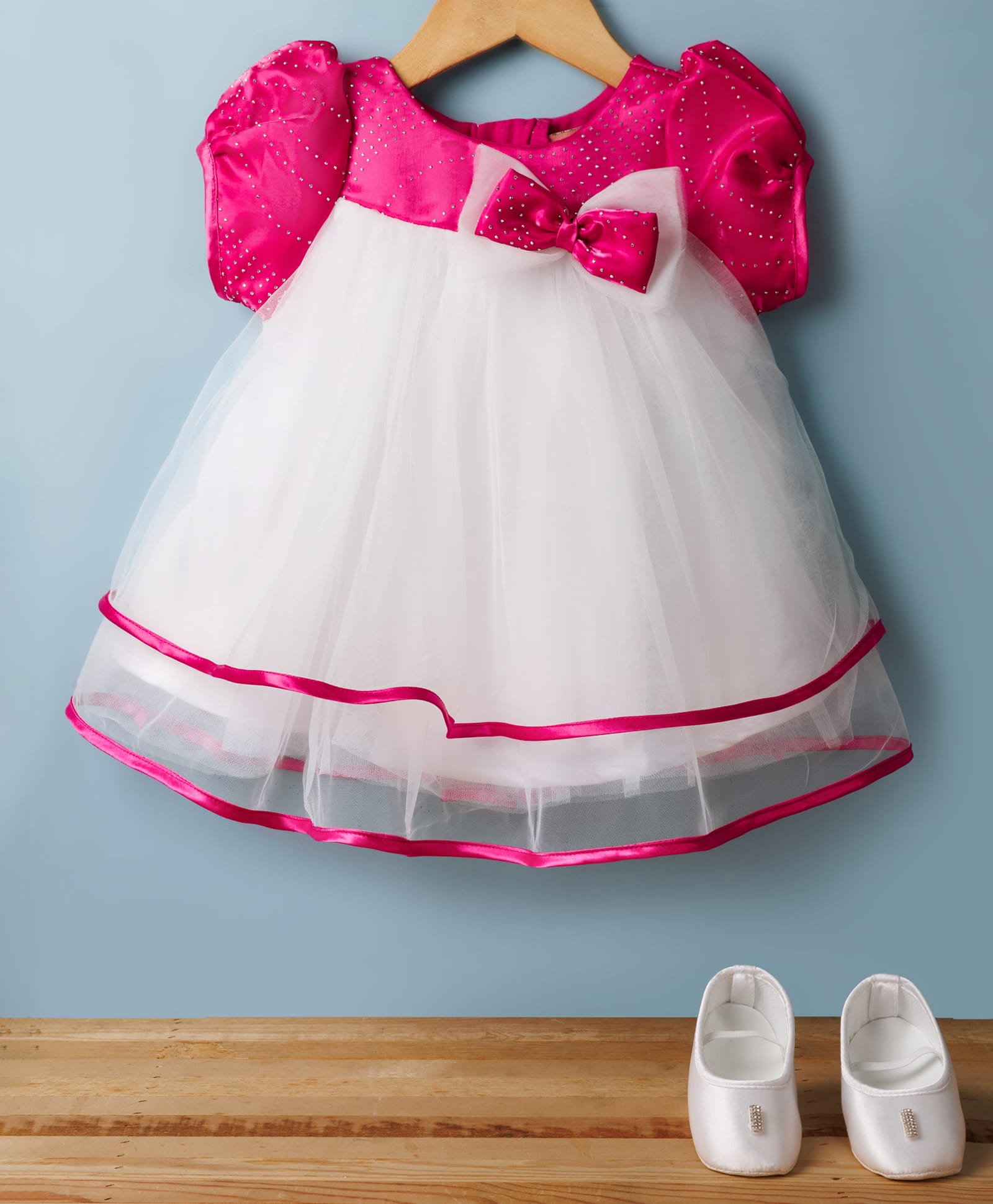 Bluebell Satin Woven Half Puffed Sleeves Flared Embellished Party Dress with Sequin Detailing Bow Applique & Pair of Booties - Red-image-44