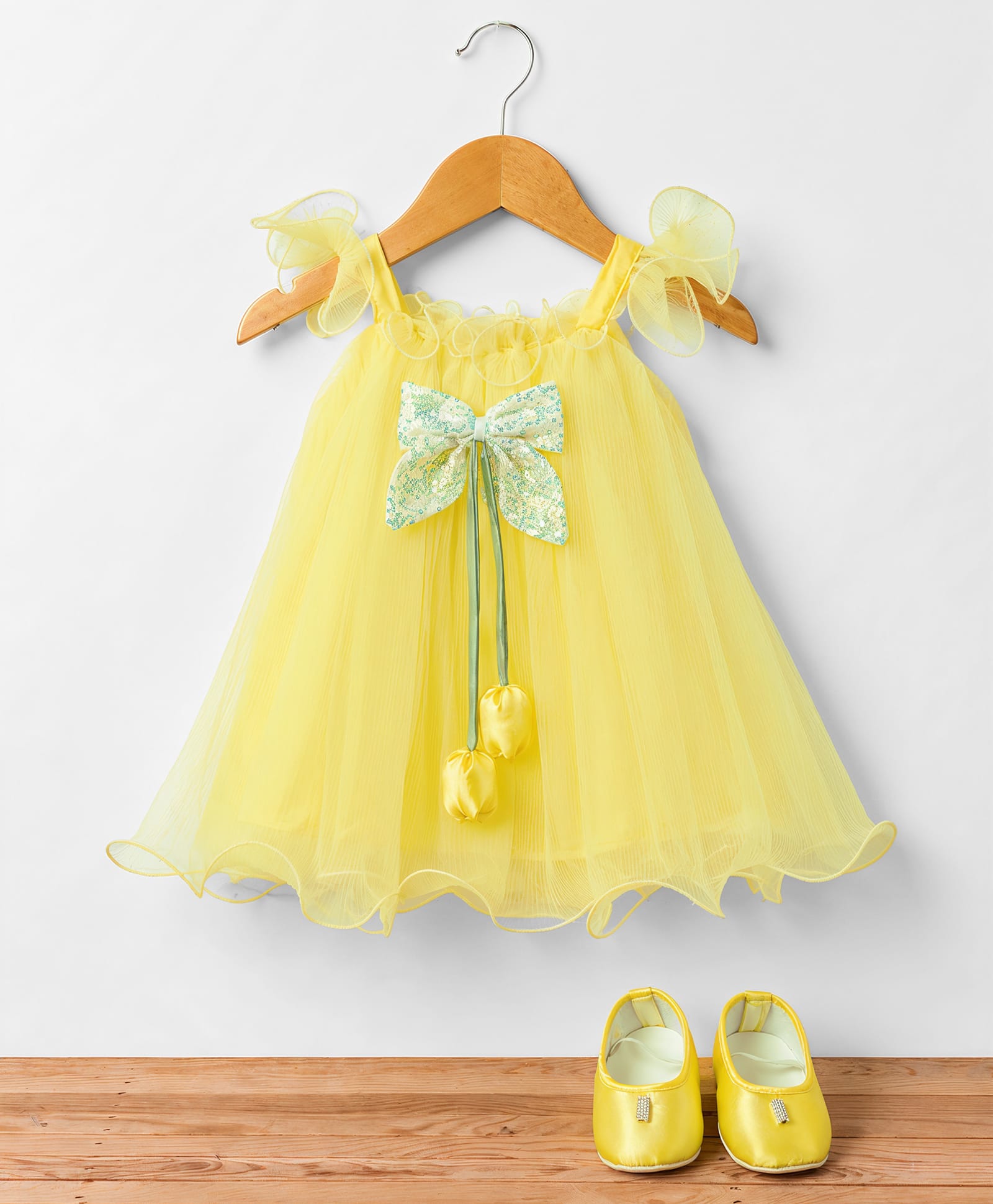 Bluebell Net Woven Sleeveless Flared Party Frock With Booties & Bow Applique - Lemon Yellow-image-43