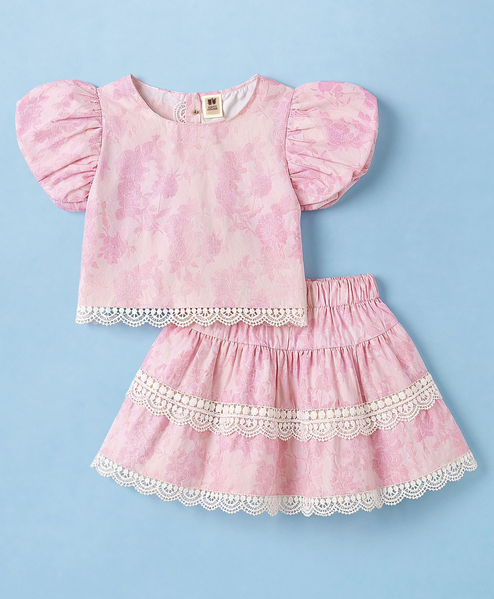 ToffyHouse Cotton Knit Half Sleeves Top & Skirt Set with Lace Hem & Floral Print - Pink-image-29