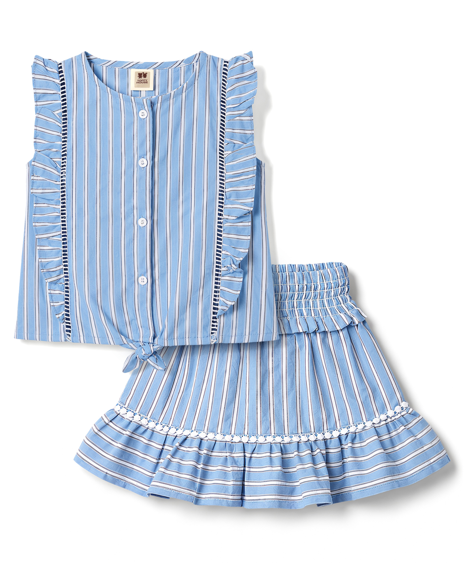 ToffyHouse Cotton Knit Half Sleeves Striped Top & Skirt Set - Blue-image-44