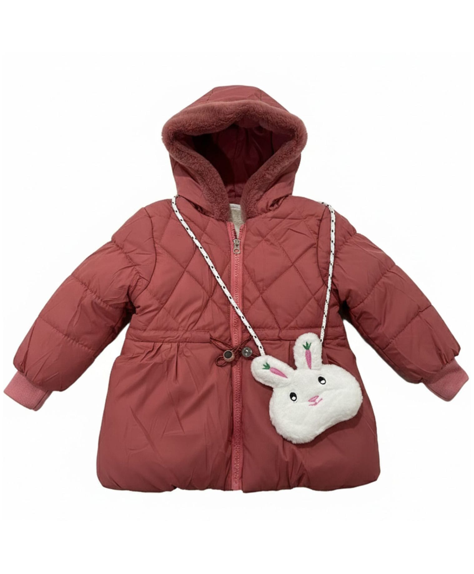 Little Ginnie Woven Full Sleeves Solid Hooded Quilted Winter Jacket With Detachable Bag - Peach-picture-13