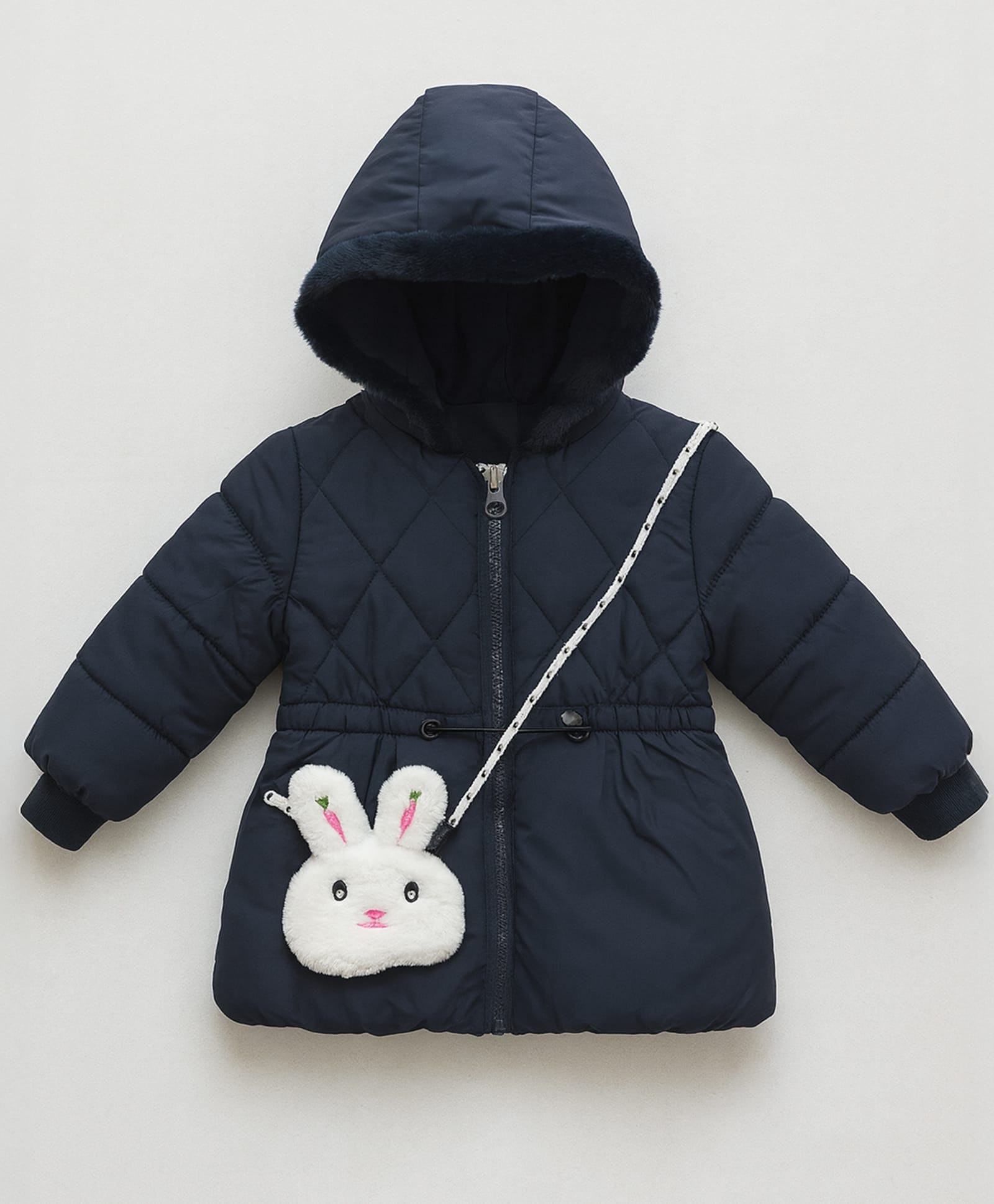 Little Ginnie Woven Full Sleeves Solid Hooded Quilted Winter Jacket With Detachable Bag - Navy Blue-picture-14