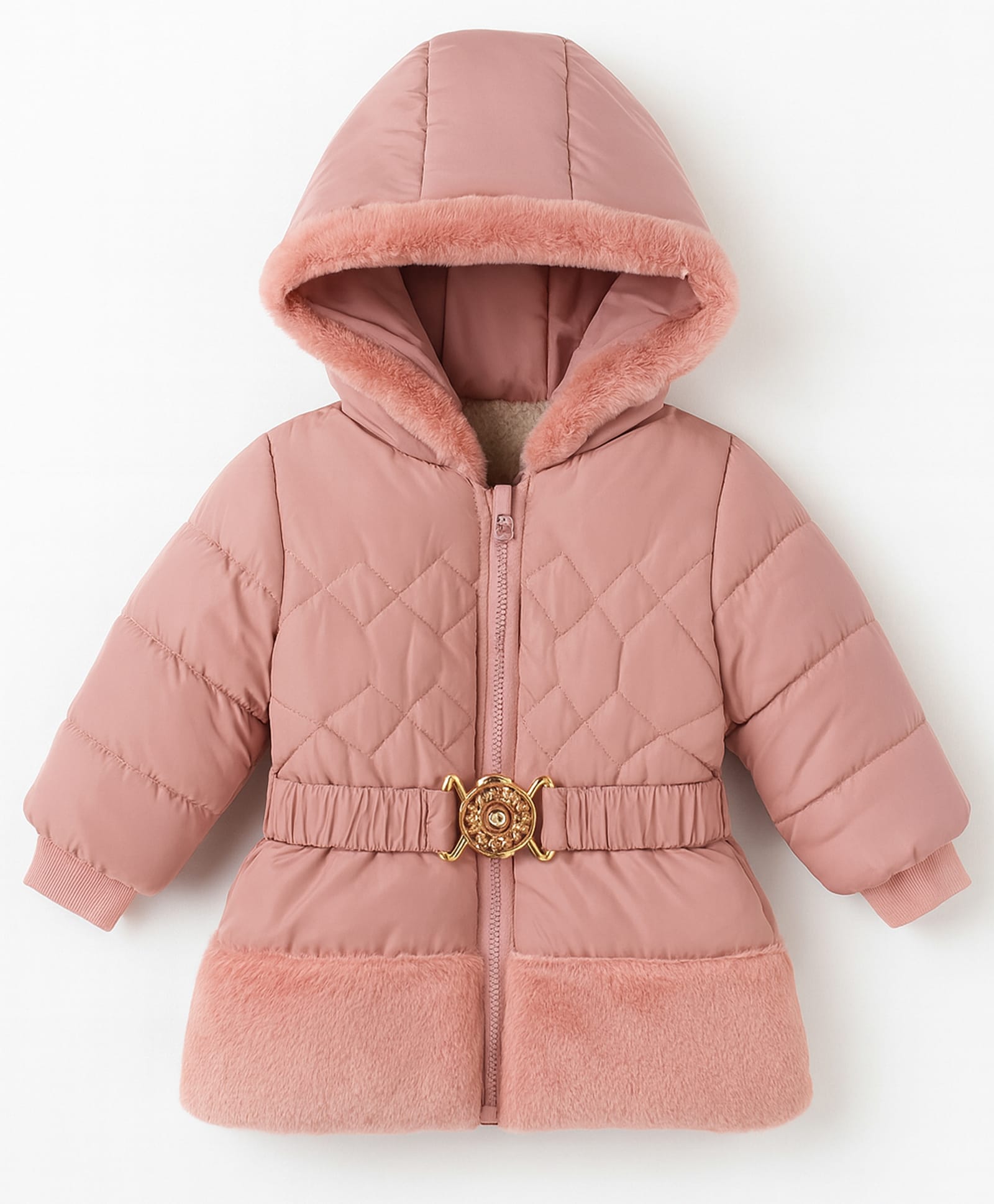 Little Ginnie Woven Full Sleeves Solid Hooded Quilted Puffer Jacket - Peach-picture-16