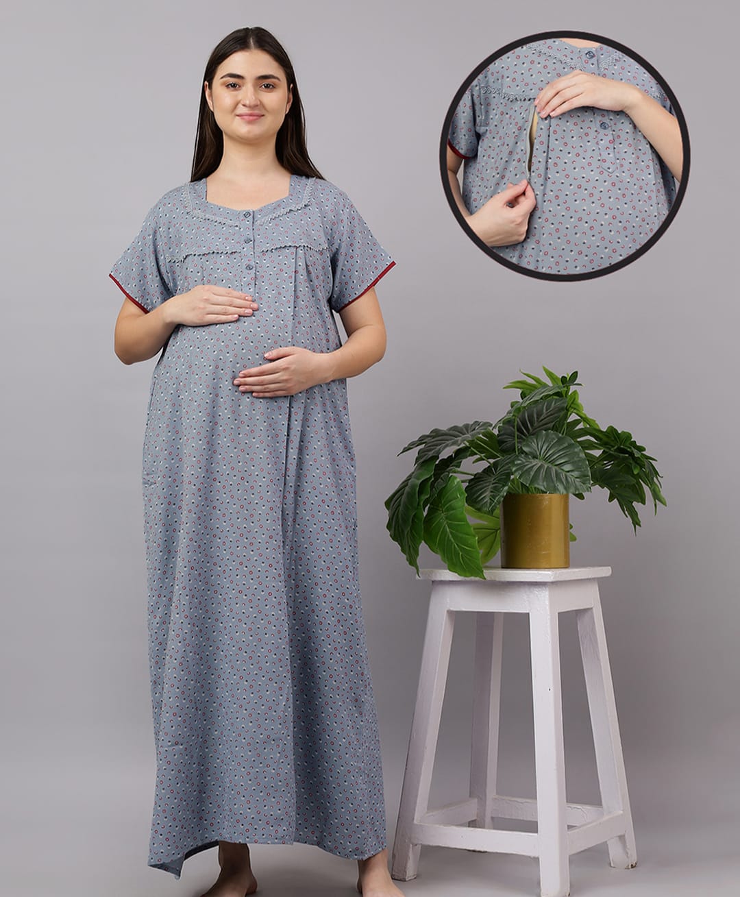 Mamma's Maternity Cotton Woven Half Sleeves Floral Printed Maternity Nighty With Side Seam Nursing Access - Dark Grey-picture-12