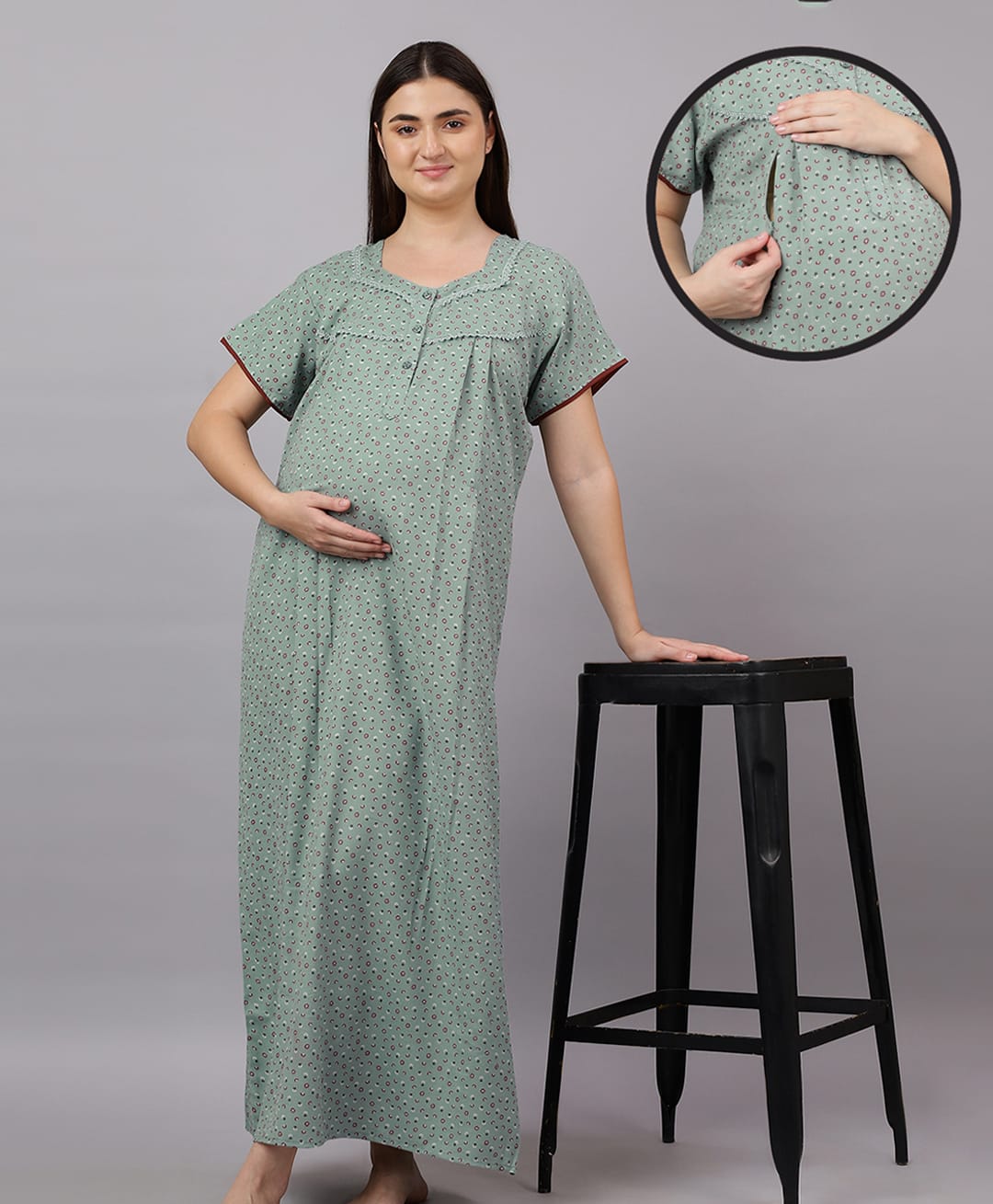 Mamma's Maternity Cotton Woven Half Sleeves Floral Printed Maternity Nighty With Side Seam Nursing Access - Sage Green-picture-28