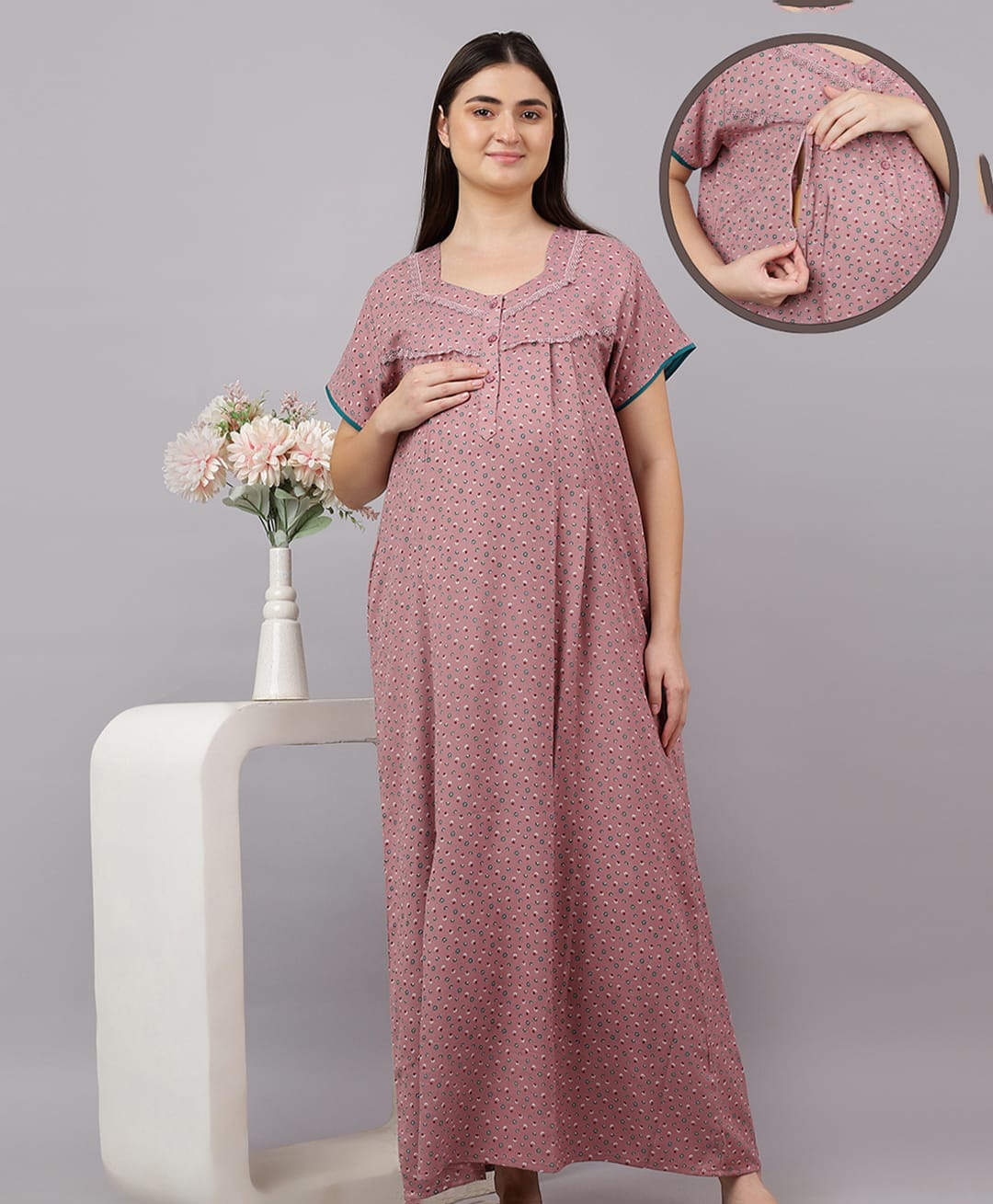 Mamma's Maternity Cotton Woven Half Sleeves Floral Printed Maternity Nighty With Side Seam Nursing Access - Rose Pink-picture-29