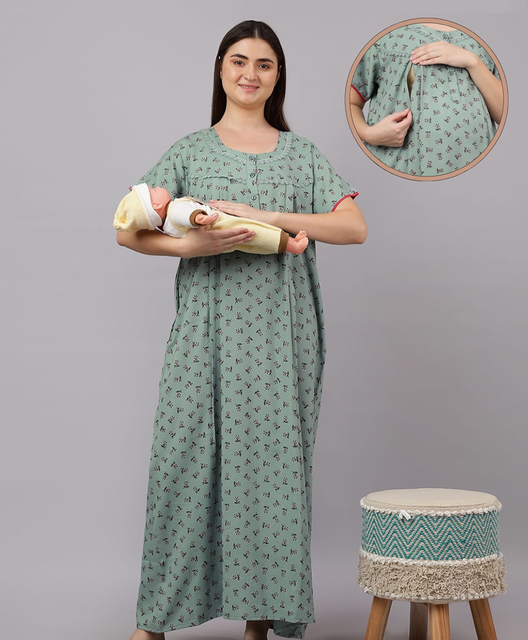 Mamma's Maternity Cotton Woven Half Sleeves Floral Printed Maternity Nighty With Side Seam Nursing Access - Light Green-picture-36