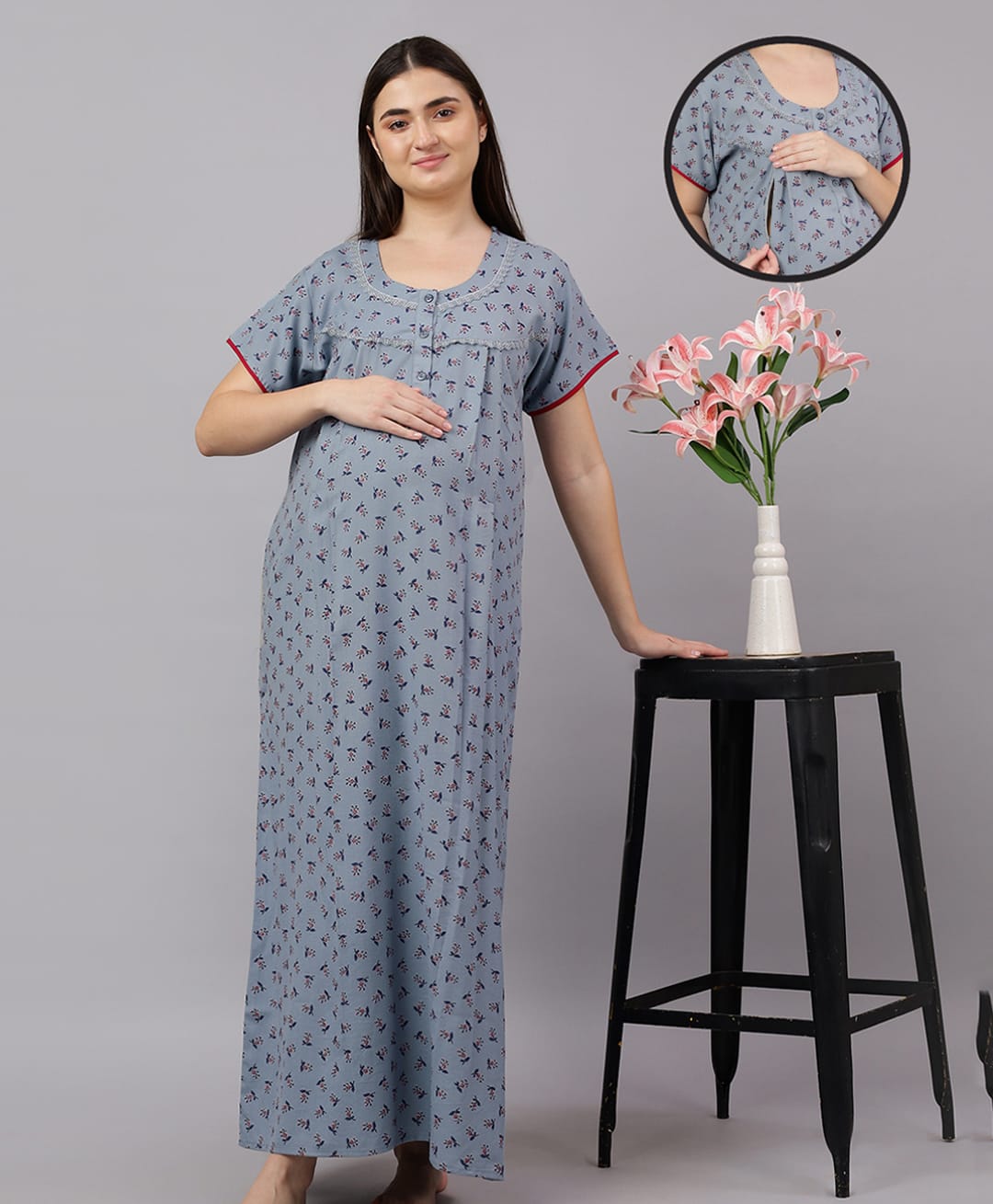 Mamma's Maternity Cotton Woven Half Sleeves Floral Printed Maternity Nighty With Side Seam Nursing Access - Slate Grey-picture-39