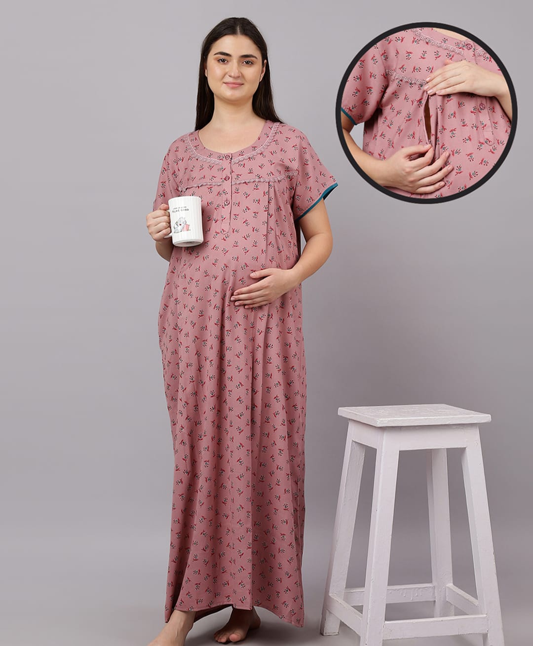 Mamma's Maternity Cotton Woven Half Sleeves Floral Printed Maternity Nighty With Side Seam Nursing Access - Rose Pink-picture-40