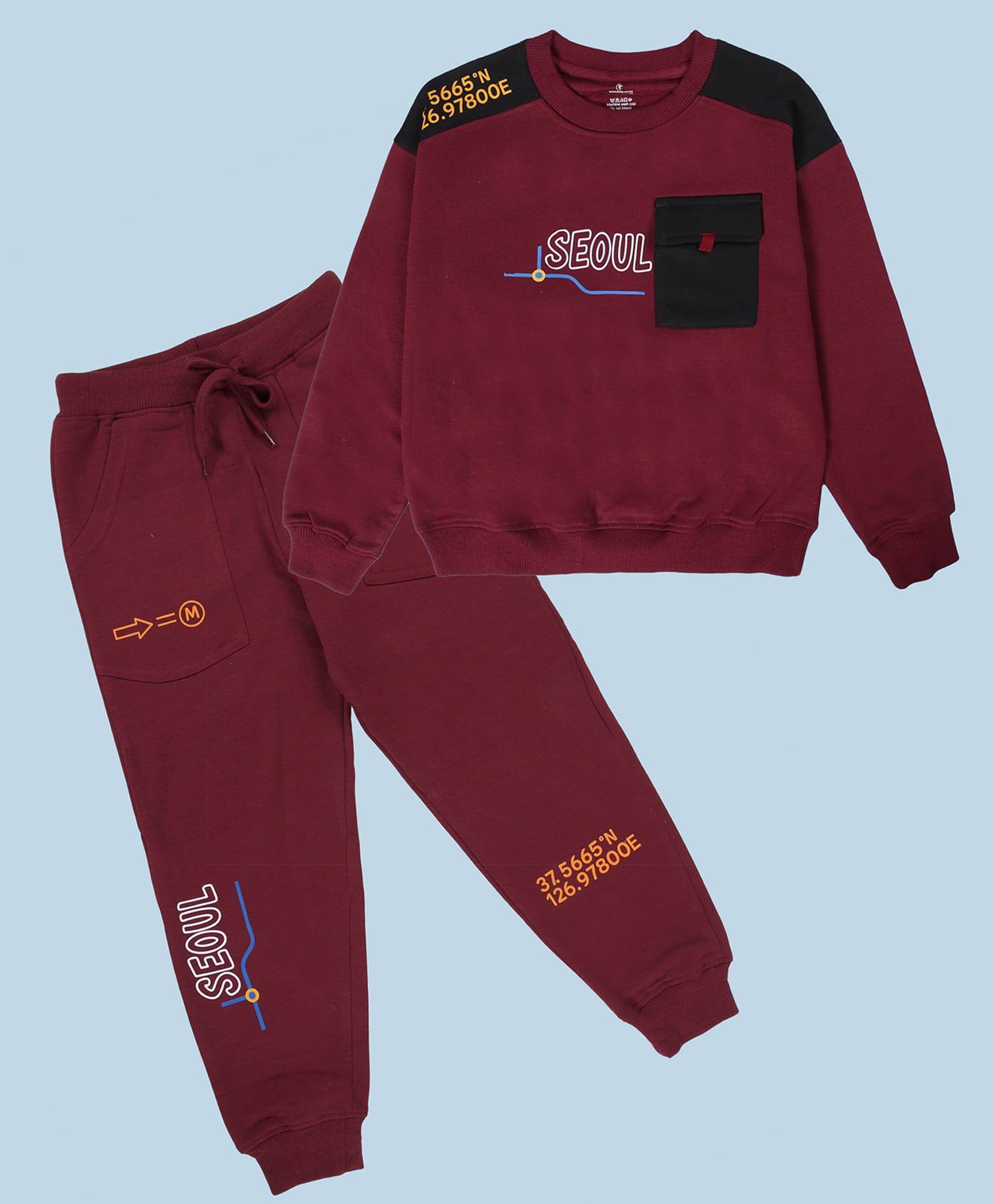 Kiddopanti Cotton Fleece Knit Full Sleeves Seoul Text Printed Winter Sweatshirt & Joggers Set - Maroon & Black-image-7