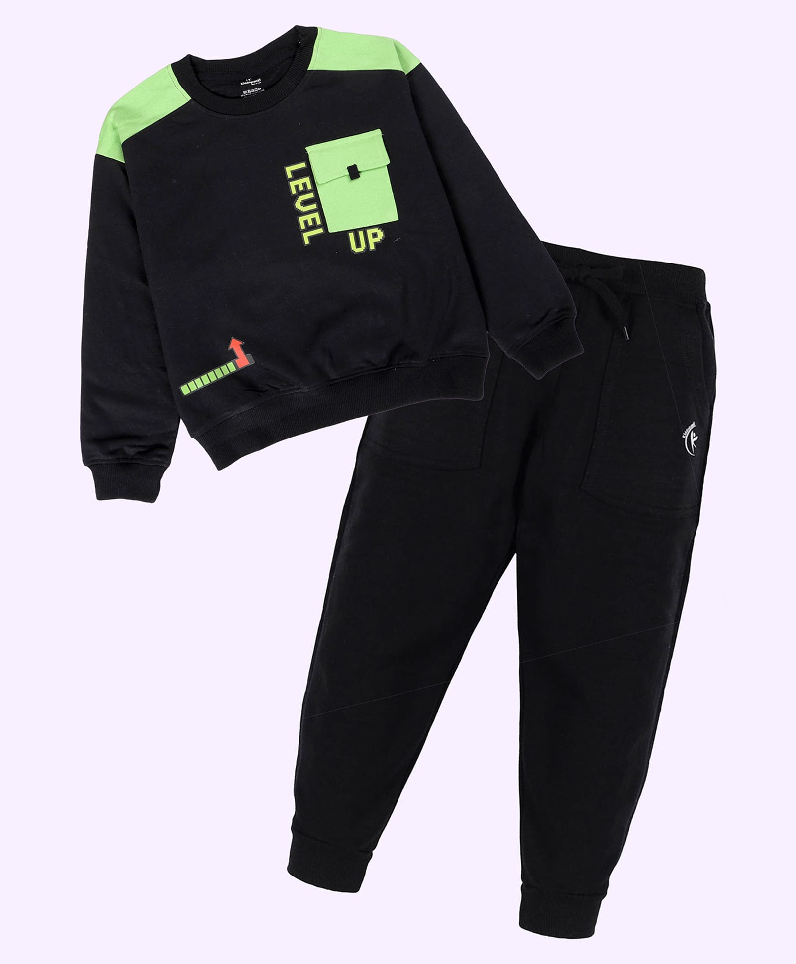Kiddopanti Cotton Fleece Knit Full Sleeves Level Up Text Printed Winter Sweatshirt & Joggers Set - Black & Neon Green-picture-43