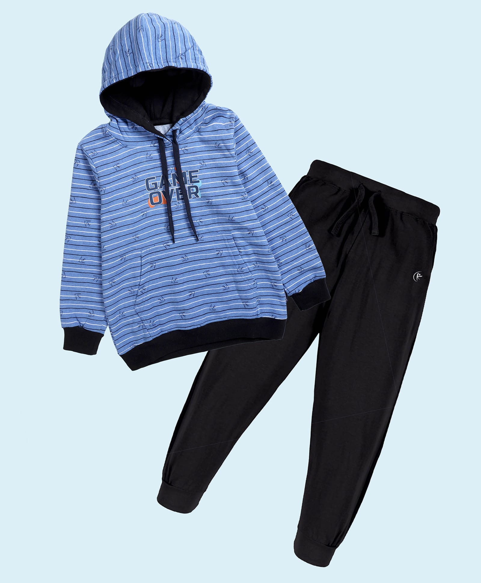 Kiddopanti Cotton Fleece Knit Full Sleeves Striped Game Over Text Printed Winter Hooded Sweatshirt & Joggers Set - Light Blue & Jet Black-picture-35