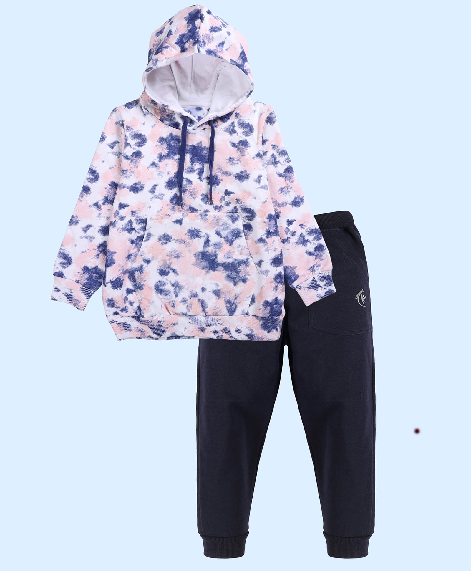 Kiddopanti Cotton Fleece Knit Full Sleeves Tie & Dye Winter Hooded Sweatshirt & Joggers Set - Light Baby Pink & Navy Blue-picture-21