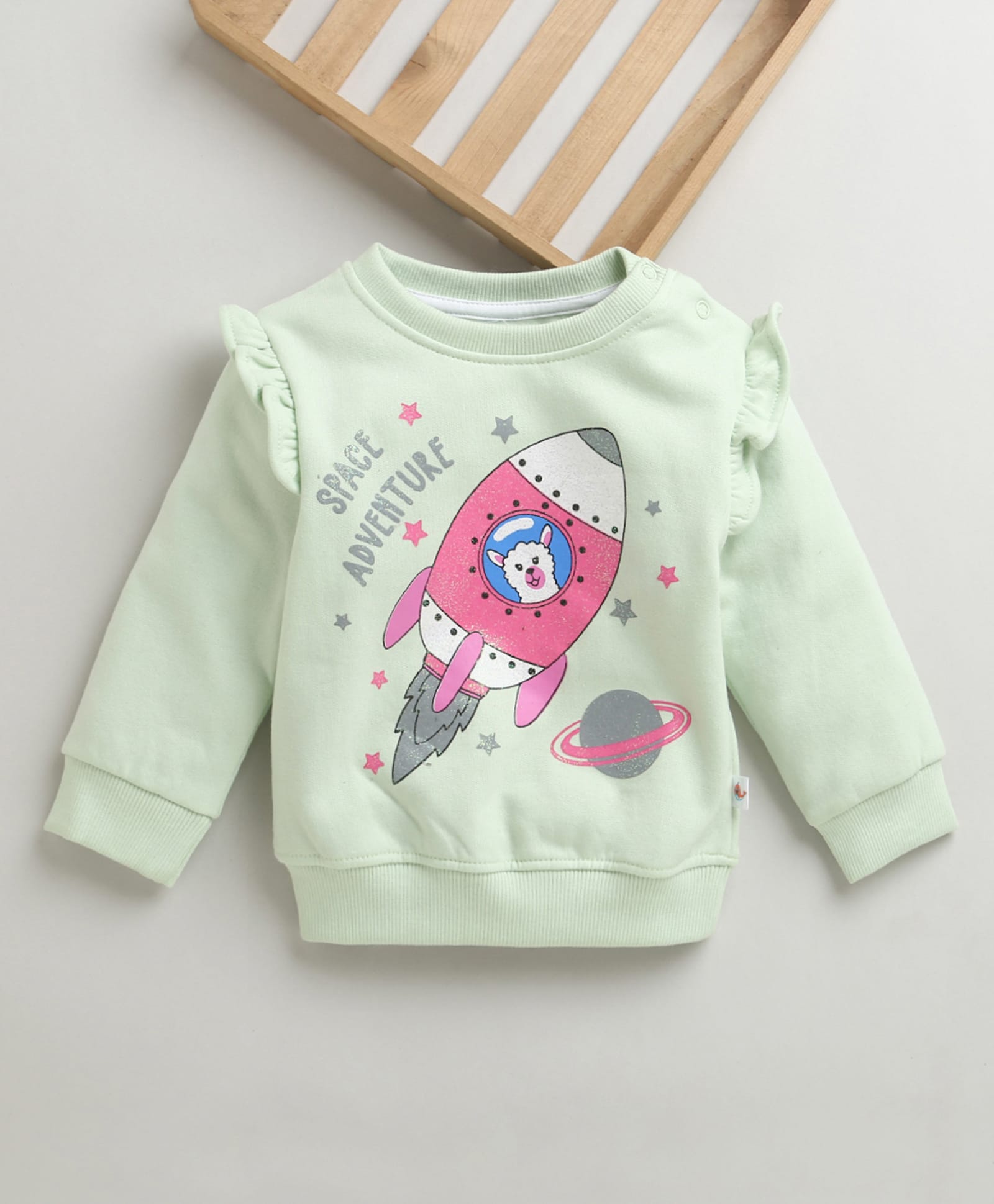 BUMZEE Knit Full Sleeves Rocket Printed Light Winter Sweatshirt - Mint Green-image-1