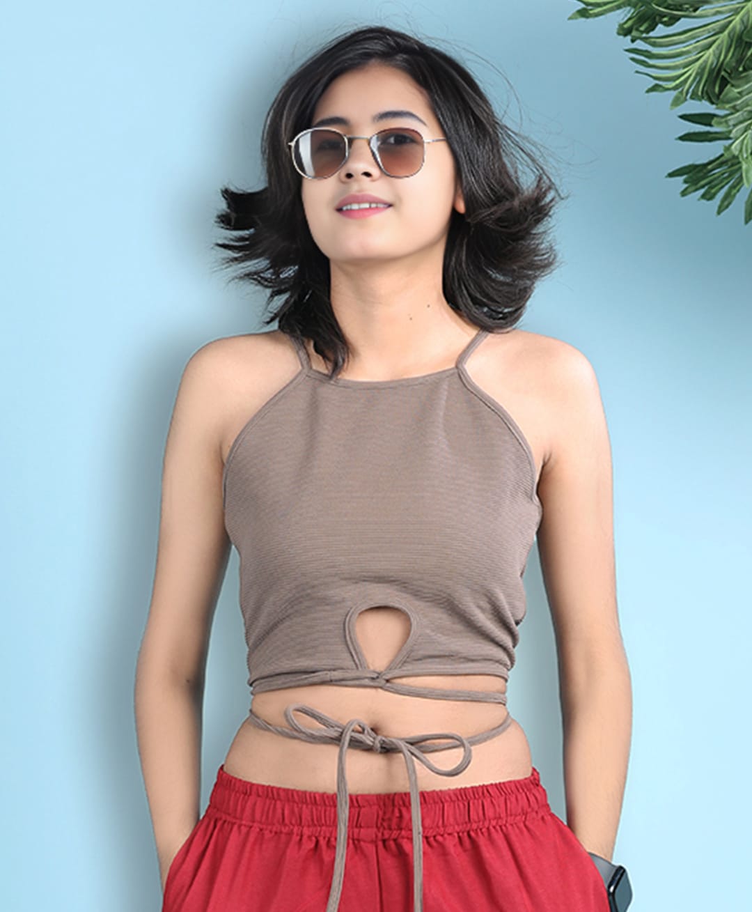 Cutiekins Cotton Knit Sleeveless Solid Crop Top - Camel Brown-image-41