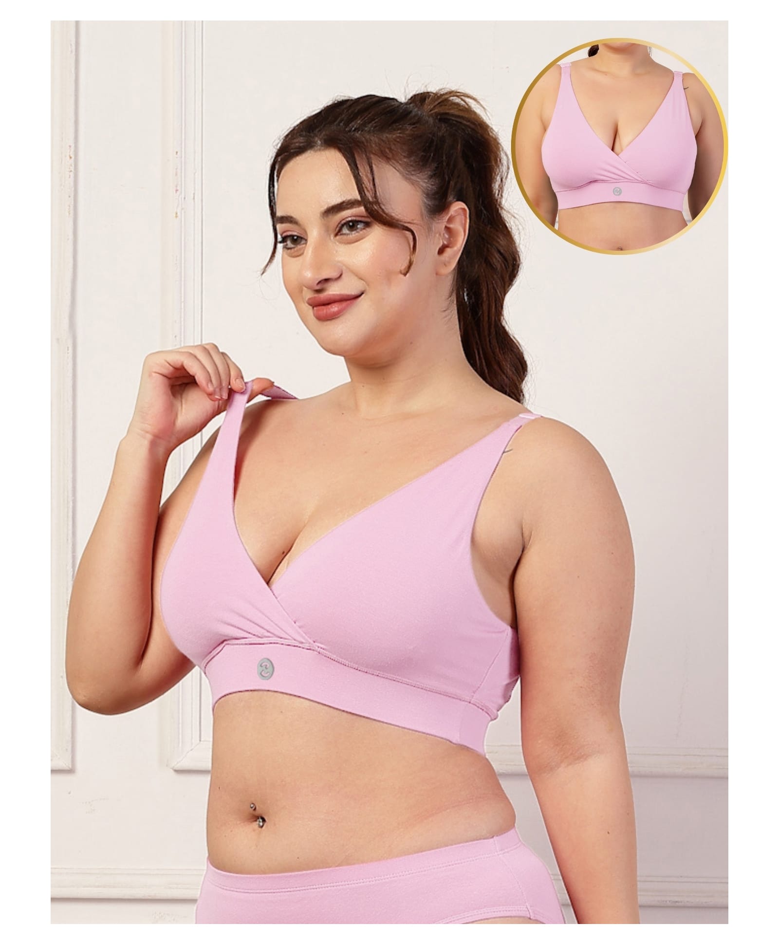 Zelena 90% Cotton 10% Elastane Knitted Solid Maternity Nursing Bra With Front Open Nursing Access - Pink-picture-18